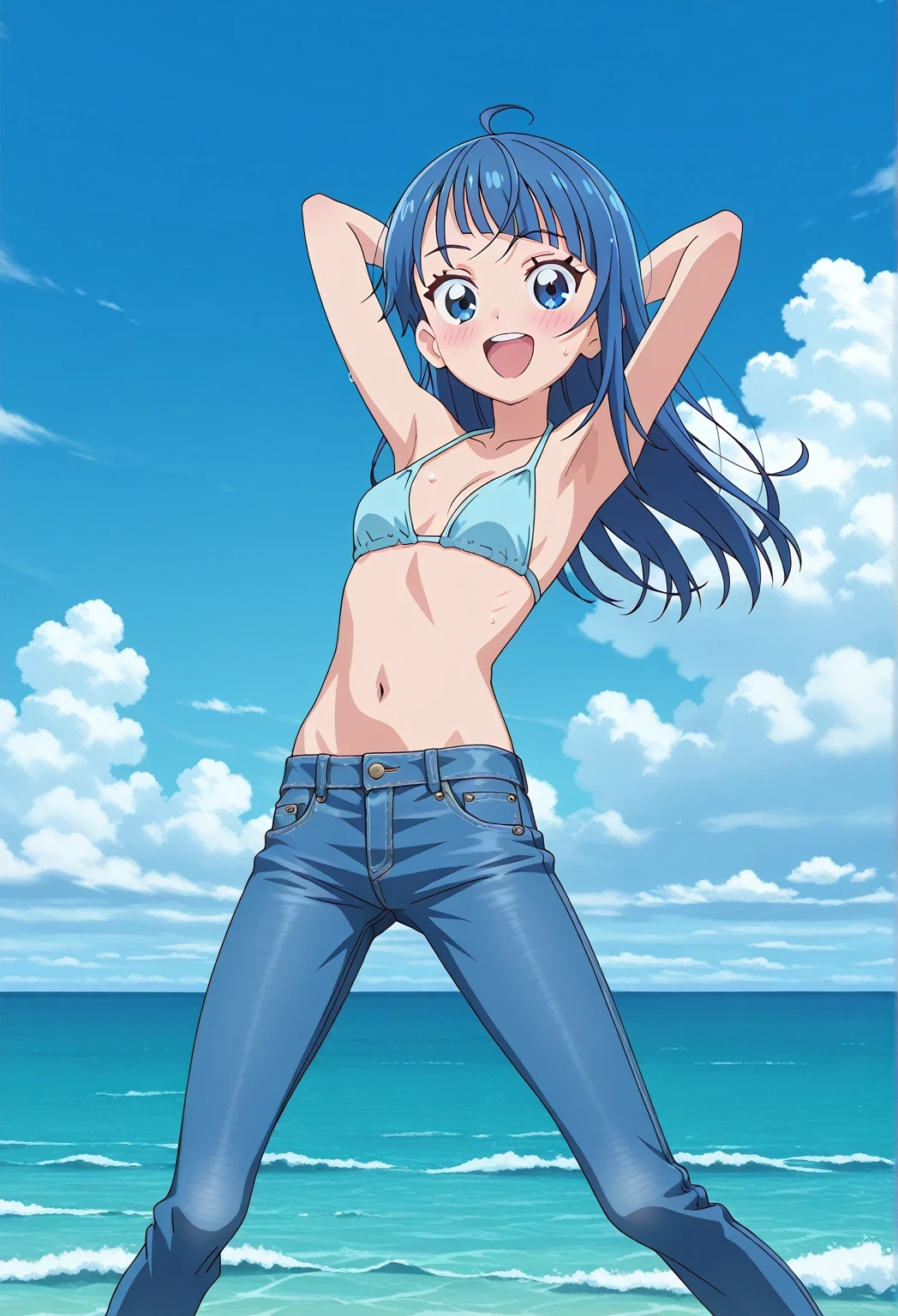 score_9, score_8_up, score_7_up, source_anime, highres, hi res, ((best quality, top quality, perfect quality, Highest Quality, amazing quality)), {{masterpiece}}, {{an extremely delicate and beautiful}}, 2d, intricate details, official style, anime, 8k, anime style, official_anime, official art, digital painting, cell shading, soft shading, high resolution, soothing tones, Subdued Color, Soft cinematic light, adobe lightroom, photolab, HDR, intricately and hyper-detailed, ((high quality animation)), 1 girl, Alone, solo, ((ocean)), tsunami, on the water, day, sunny, outdoors, sky, windy, sora harewataru, Hirogaru Sky! Precure, blue eyes, blue hair, ((long hair:1.4)), ahoge, anime screencap, small breasts, light blue bikini top, best quality, hyper-detailed jeans, ((blue jeans:1.9)), (dark blue jeans:0.6), full medium body, medium shot, Open mouth, smiling, happy face, blush, sweat, standing, ((arms behind head:6.0)), ((hair separate from arms:3.5)), bowlegged, jumping pose, action, looking at viewer, spread legs, Bend knees slightly, straight-on front view