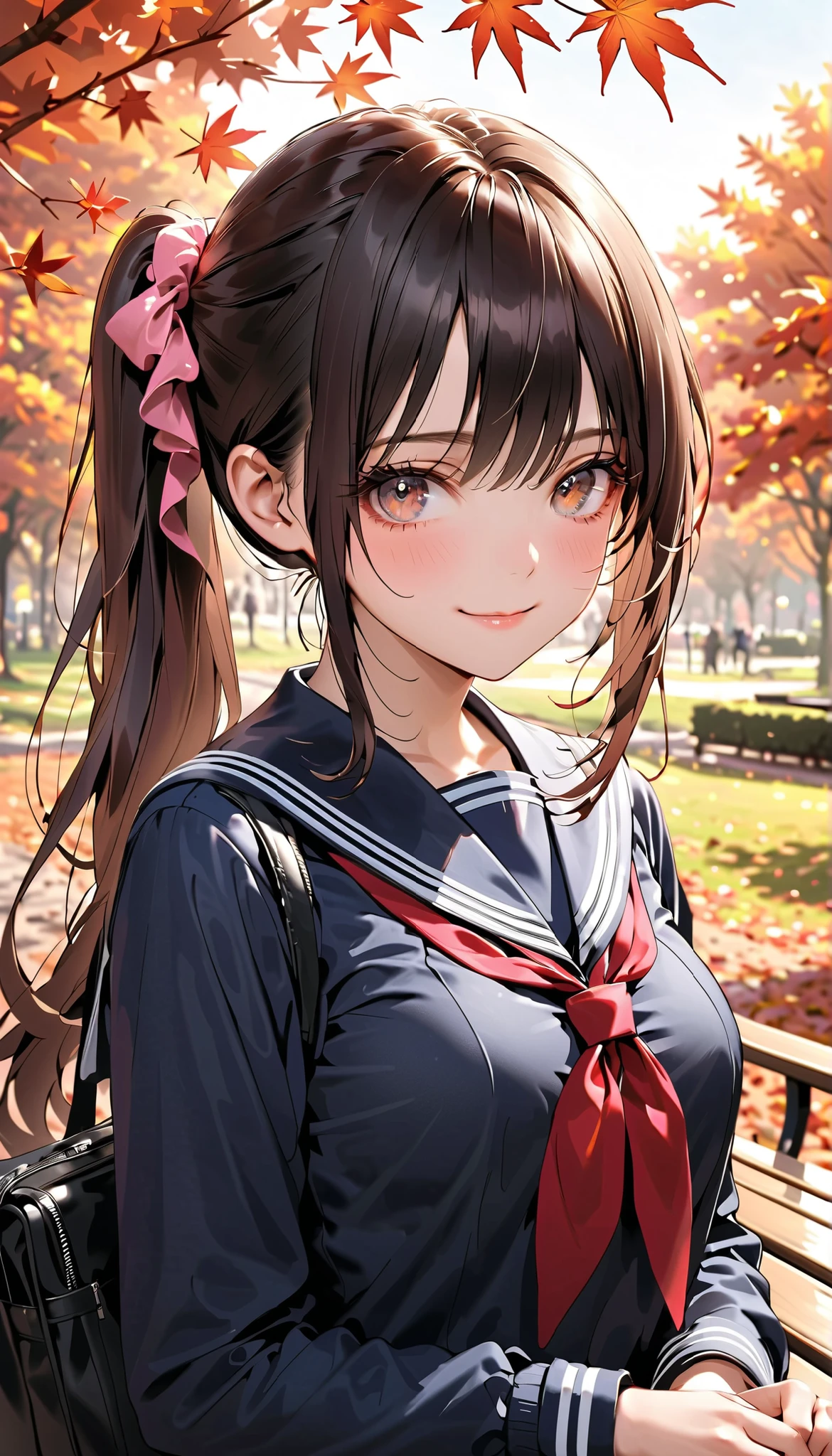 masterpiece:1.2, top-quality, ultra-high resolution, ultra detailed, realistic, photorealistic:1.3, 
beautiful detailed hair, beautiful detailed face, beautiful detailed eyes, 
looking at viewer, face focus, upper body, 1 girl, high school girl, young, babyface, cute face:1.2, 
(long hair, side ponytail, long sidelocks, dark brown hair), swept bangs, light brown eyes, long eye lasher, (,  thighs), shiny skin, super detailed skin, tiny, 
detailed cloth texture, (navy sailor suit, winter uniform, long sleeves, navy pleated skirt), red bowtie, school bag on lap, pink scrunchie, 
autumn, evening, (park:1.5, autumn leaf), sitting on park bench, (lovely smile, shy, embarrassed, upper eyes), 