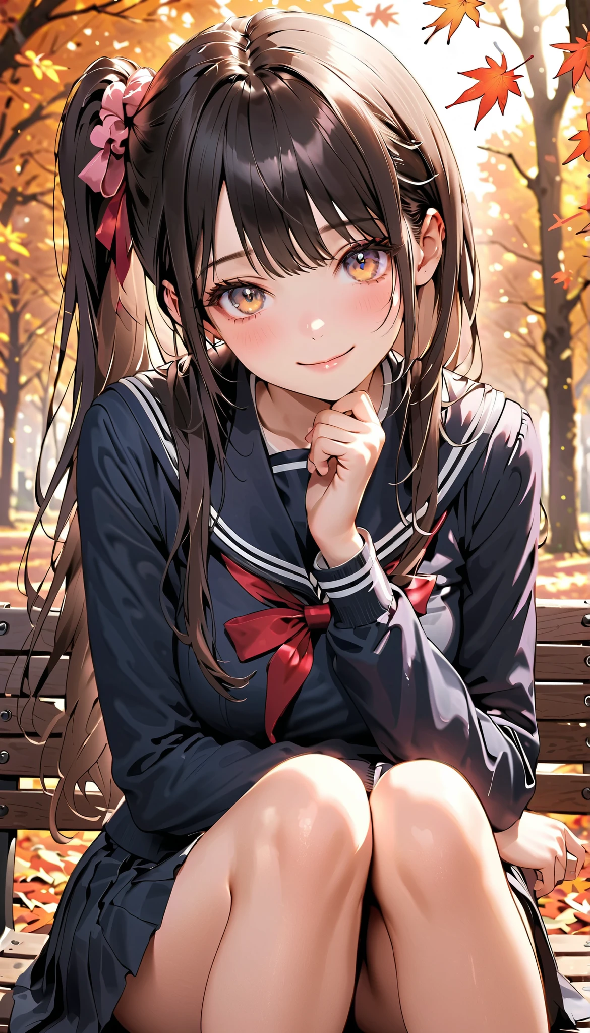 masterpiece:1.2, top-quality, ultra-high resolution, ultra detailed, realistic, photorealistic:1.3,
beautiful detailed hair, beautiful detailed face, beautiful detailed eyes,
looking at viewer, face focus, upper body, 1 girl, high school girl, young, babyface, cute face:1.2,
(long hair, side ponytail, long sidelocks, dark brown hair), swept bangs, light brown eyes, long eye lasher, (, thighs), shiny skin, super detailed skin, tiny,
detailed cloth texture, (navy sailor suit, winter uniform, long sleeves, navy pleated skirt), red bowtie, school bag on lap, pink scrunchie,
autumn, evening, (park:1.5, autumn leaf), sitting on park bench, (lovely smile, shy, embarrassed, upper eyes),
