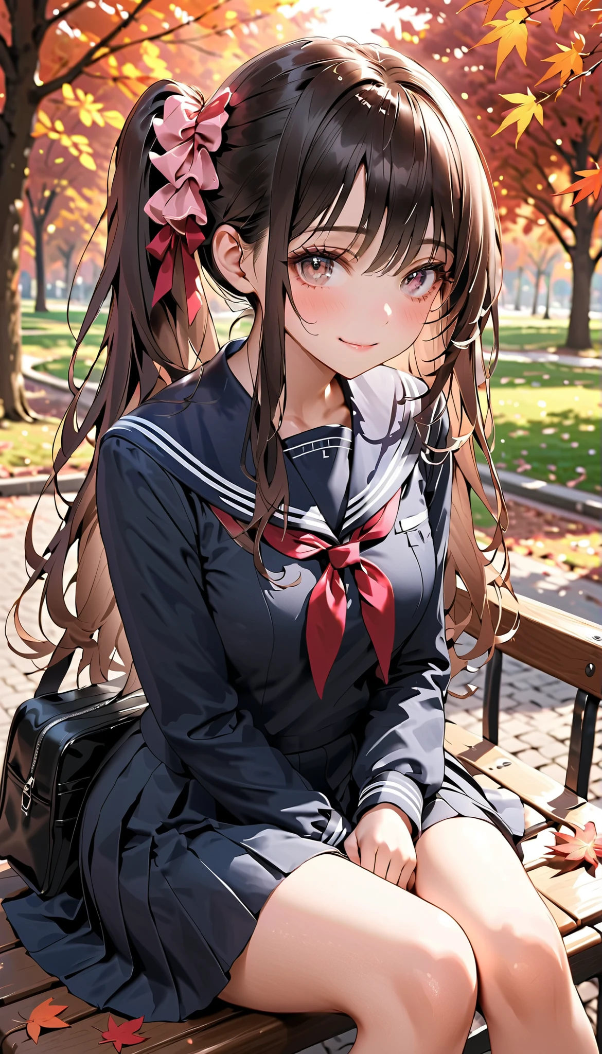 masterpiece:1.2, top-quality, ultra-high resolution, ultra detailed, realistic, photorealistic:1.3,
beautiful detailed hair, beautiful detailed face, beautiful detailed eyes,
looking at viewer, face focus, upper body, 1 girl, high school girl, young, babyface, cute face:1.2,
(long hair, side ponytail, long sidelocks, dark brown hair), swept bangs, light brown eyes, long eye lasher, (, thighs), shiny skin, super detailed skin, tiny,
detailed cloth texture, (navy sailor suit, winter uniform, long sleeves, navy pleated skirt), red bowtie, school bag on lap, pink scrunchie,
autumn, evening, (park:1.5, autumn leaf), sitting on park bench, (lovely smile, shy, embarrassed, upper eyes),