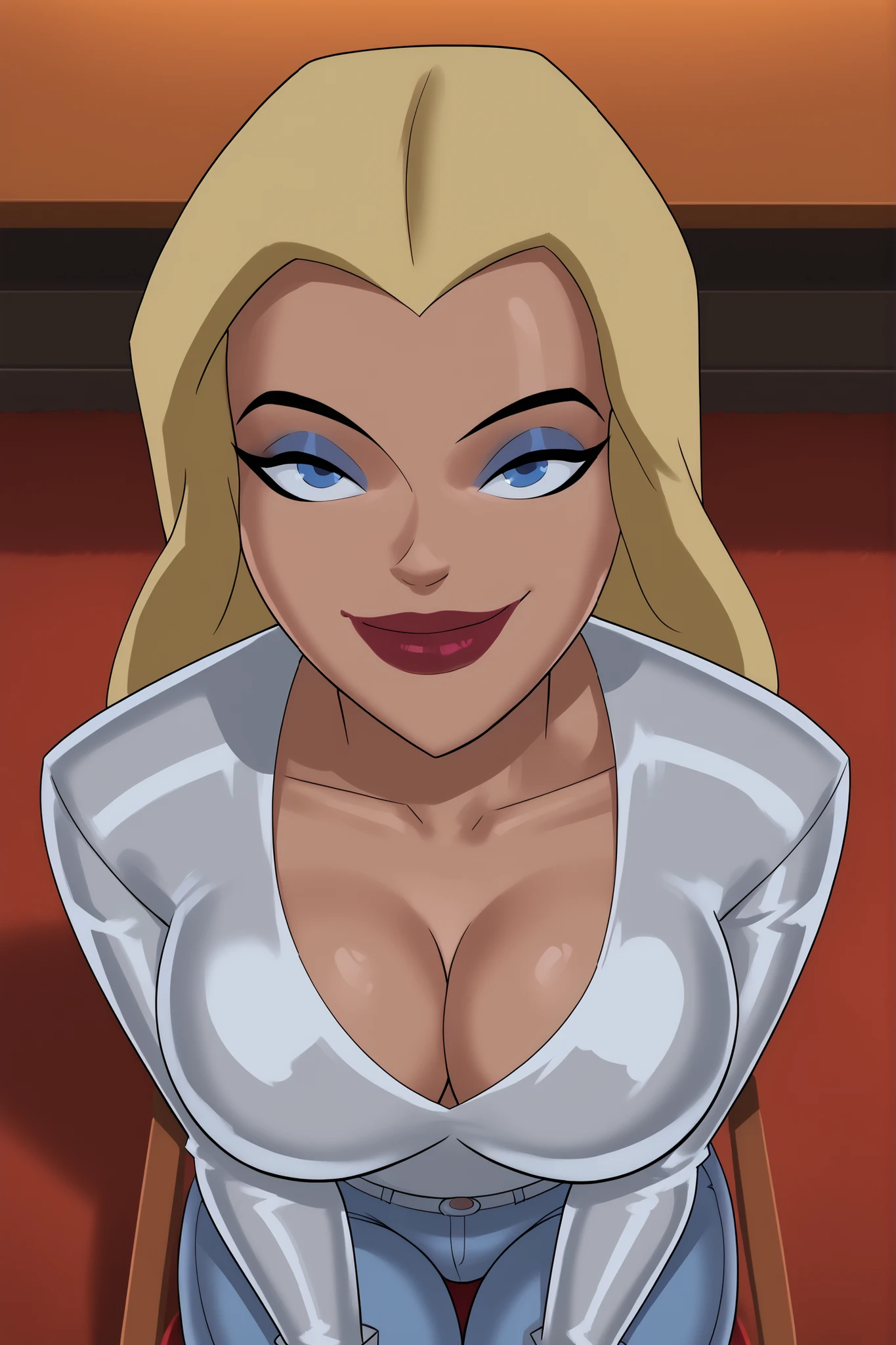 BREAK, score_9, score_8_up, score_7_up, score_6_up, masterpiece, high quality, perfect face, perfect eyes, StargirlDR, solo, 1girl, blonde hair, long hair, blue eyes, dark red lipstick, makeup, large breasts, cleavage, curvy, athletic, looking at viewer, seducing viewer,  teasing viewer, smiling, closed mouth, seductive expression, bedroom eyes, busty, long sleeves, platinum leather jacket, platinum crop top, platinum jeans, indoors, bedroom, sitting in chair, high-angle view, dark blue eyeshadow, portrait, upper body, closeup