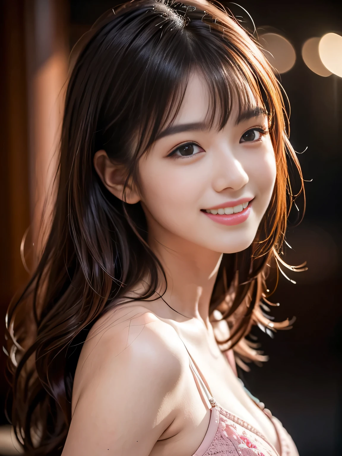 8K, Ultra-high resolution, Highest quality, masterpiece, 三分割法によるphotograph,Surreal, photograph, 1 girl, (16 years old:1.3), pretty girl, Cute face, Beautiful eyes in every detail, 細かくdetailedに,masterpiece,, One Girl:1.2, Japan Female Announcer,whole body,Young Wife,Girl with her back to the camera, Blue atmosphere dusk, Field, forest、Full of cleanliness,A carefree smile,Healing the heart,Semi-long layered hair,Looking at the audience、beauty,Long neck、Laugh a little、Please close your mouth and laugh、(((Ideal body type))),A-cup small breasts :2,、Portraiture:2、Perfect 、鮮明なdetailed、detailed、Surreal、Light and shadow,Strong light