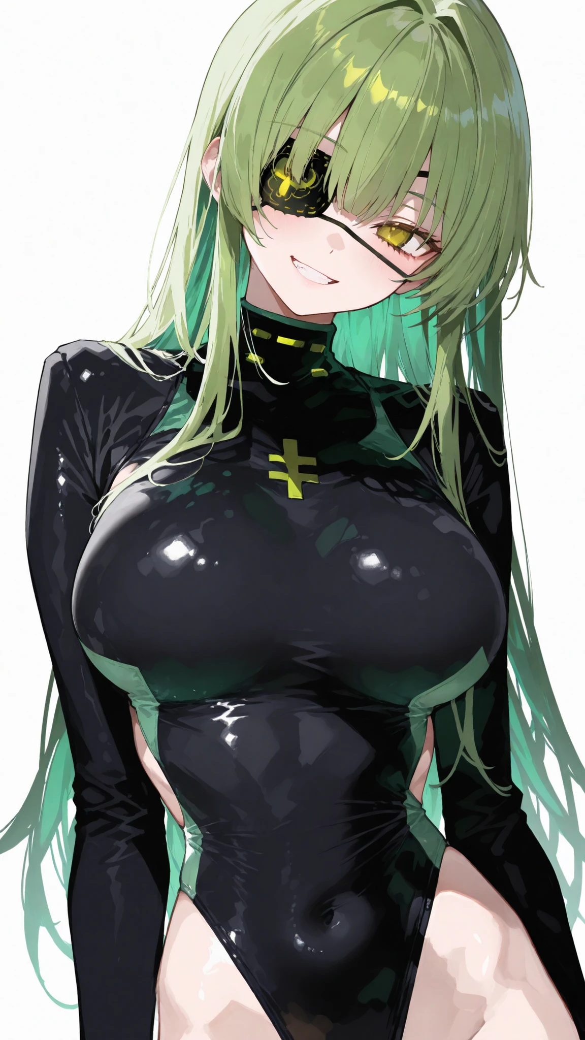 girl,green hair, yellow eyes, eye patch,Long Sleeve Swim Brace,long hair,slim, big breasts ,Black Color Set,standing,Upper Body Shape, Grit your teeth,pov ,smile,white background,cute, sidebob