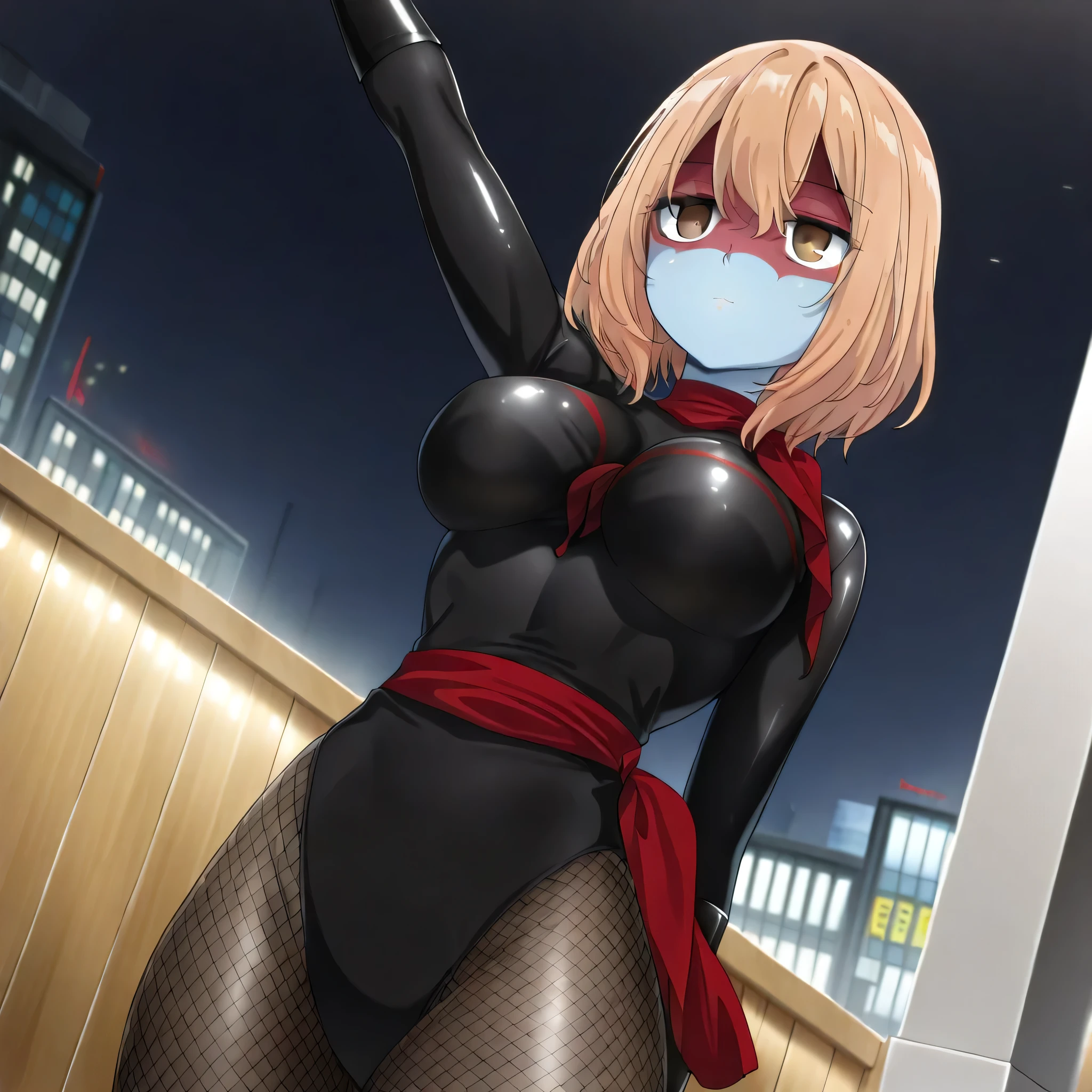 (((Masterpiece))), (((Best Quality))), ((Super Detail)), ultra-High resolution, score_9,score_8_up,score_7_up,score_6_up,score_5_up,score_4_up, BREAK, source_anime, anime screencap, uncensored, Masterpiece, (best shadow), (absurdres), (detailed background), (very aesthetic), detailed beautiful eyes, outstanding, an exquisite animation illustration, curvy, highres, dark persona, empty eyes, blank eyes, shocker, black leotard, latex elbow gloves, brown fishnet pantyhose, blue skin, colored skin, red sash, makeup, shaded face, red skin, (((solo, 1girl))), hair ornament,  pose, submissive pose, anime style, anime coloring, animification, megami magazine,  pose, medium , yaotose hinako, hair between eyes, short hair, brown eyes, light orange hair, cinematic angle, dynamic angle, dutch angle, night, creepy, dark, salute, saluting, standing, standing at attention, standing still, looking ahead, expressionless, emotionless, shocker salute, hand up, arm up, speed line, motion line, powerful, roar