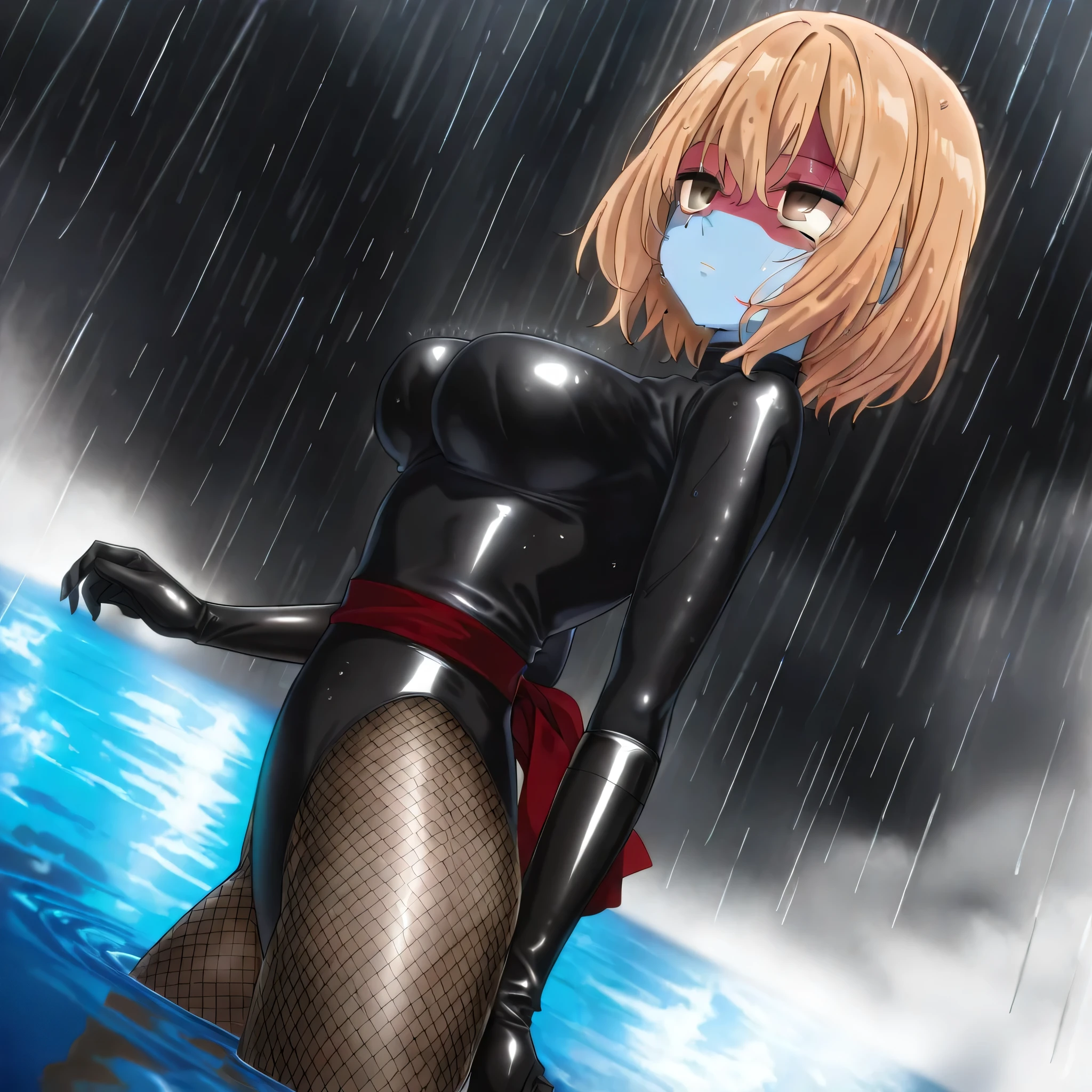 (((Masterpiece))), (((Best Quality))), ((Super Detail)), ultra-High resolution, score_9,score_8_up,score_7_up,score_6_up,score_5_up,score_4_up, BREAK, source_anime, anime screencap, uncensored, Masterpiece, (best shadow), (absurdres), (detailed background), (very aesthetic), detailed beautiful eyes, outstanding, an exquisite animation illustration, curvy, highres, dark persona, empty eyes, blank eyes, shocker, black leotard, latex elbow gloves, brown fishnet pantyhose, blue skin, colored skin, red sash, makeup, shaded face, red skin, (((solo, 1girl))), hair ornament,  pose, submissive pose, anime style, anime coloring, animification, megami magazine,  pose, medium , yaotose hinako, hair between eyes, short hair, brown eyes, light orange hair, looking up, looking from side, view from side, from side, side , rain, down pour, cloud, rain, dark theme, horror theme, wet body, wet skin, wet hair, soak, sweat, partially submerged, submerged, flooded, in water, expressionless, emotionless, blood splatter, standing, Look up, tilt head, head tilt, cinematic angle, dynamic angle, dutch angle, sea, ocean,