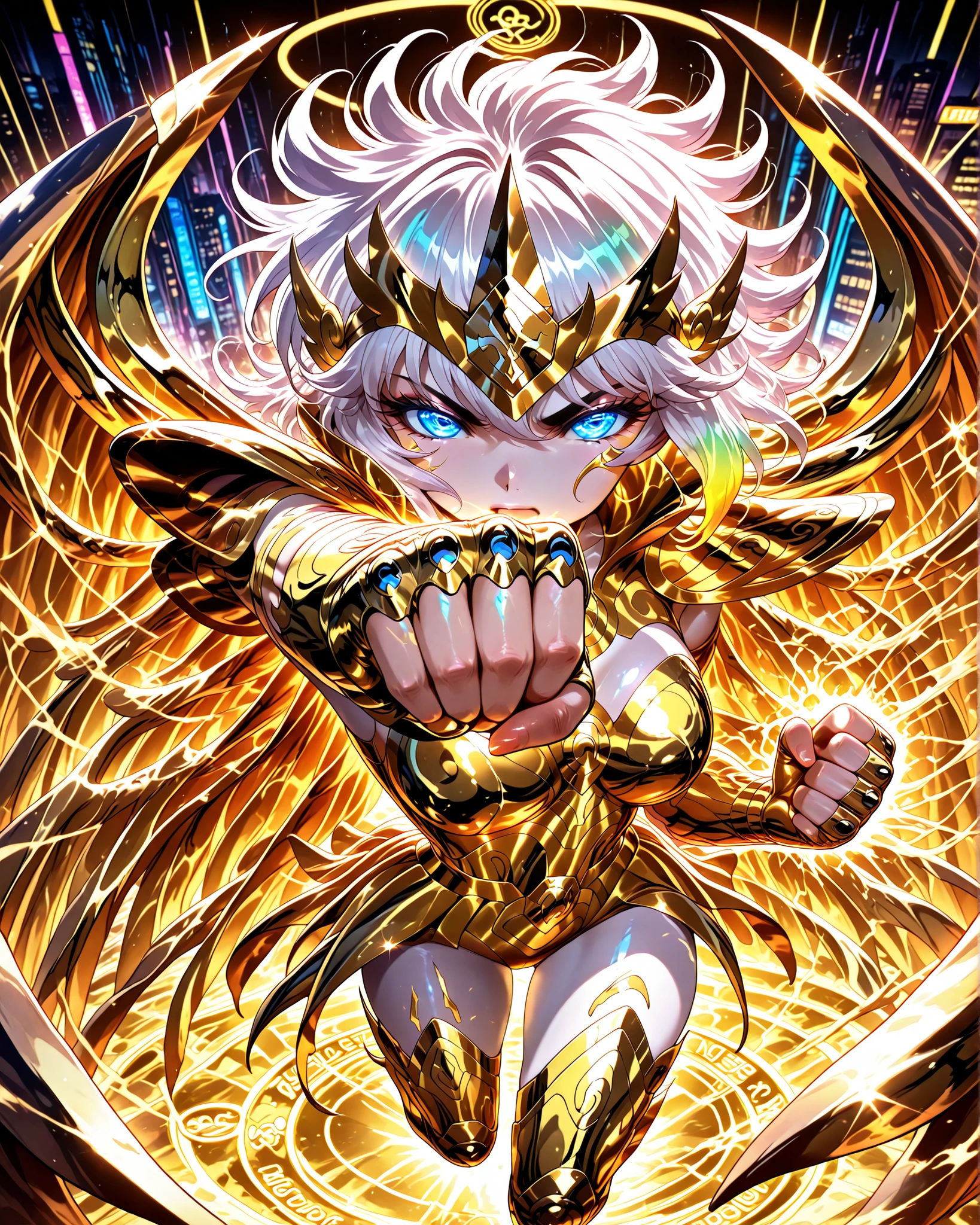 high angle, (masterpiece, 4k, ultra detailed, vivid colors), {1woman}: (a beautiful and attractive woman, white skin, short white hair with yellow highlights, iris-less eyes completely bright yellow, wearing cyberpunk style glasses, wearing golden armor inspired by the anime Saint Seiya, but in a very revealing and sexy way, with wings, jumping in the air in a dynamic action pose, punching, closed fists, determined look), solo, a beautiful atmosphere that references the zodiac sign, perfect lighting creating shadows