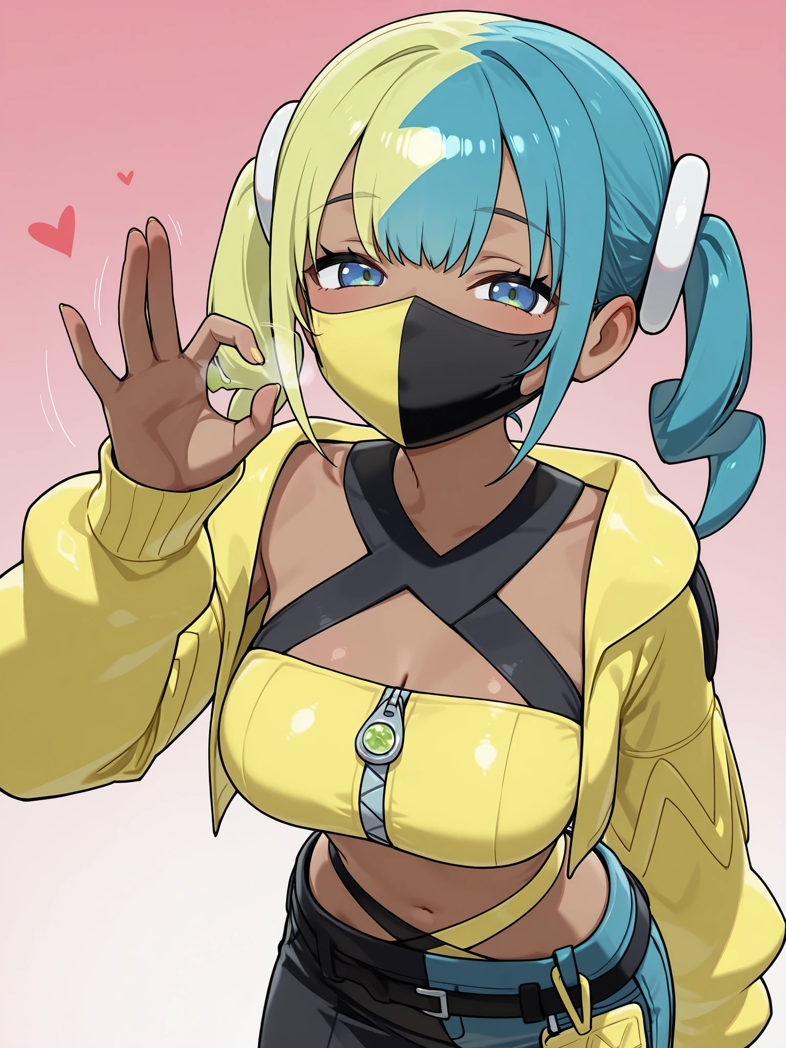 masterpiece, best quality, absurdres, eroge, game_cg, beautiful detailed, rkgk, 1girl, cyan hair, lime hair, two-tone hair, blue eyes, brown skin, breasts, black mouth mask, yellow jacket, yellow zipped tube top, cyan pants, black thong, fellatio gesture, looking at viewers, simple background, pink gradient background
