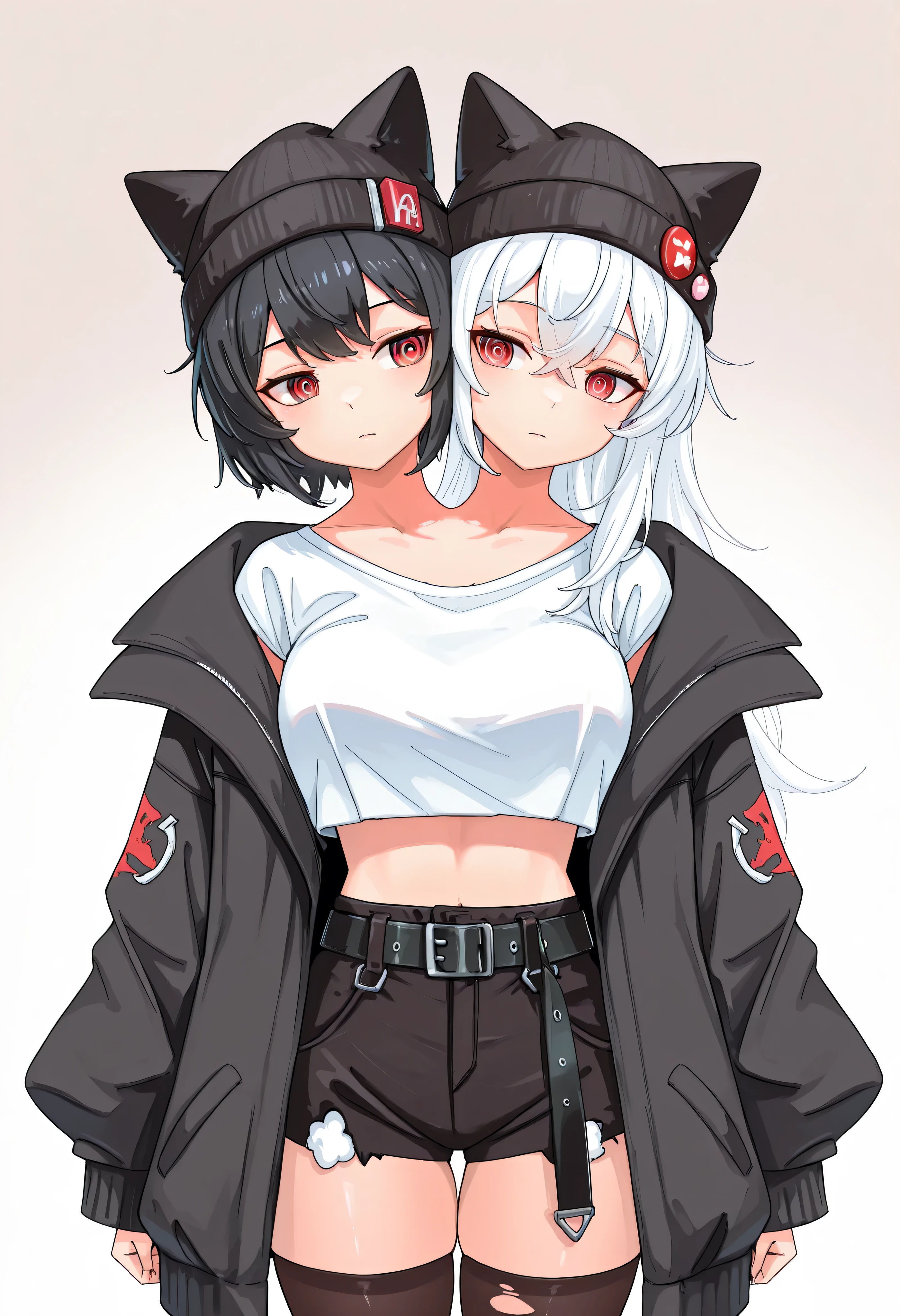conjoined, 2girls, 2heads, two heads, a tall thin girls with 2 heads, white hair, black hair, short hair, long hair, red eyes, ringed eyes, white crop top, black oversized jacket, black shorts, black shorts with a belt and ripped hem, black beanie with cat ears and pin decorations, black stockings, front shots, thighs,