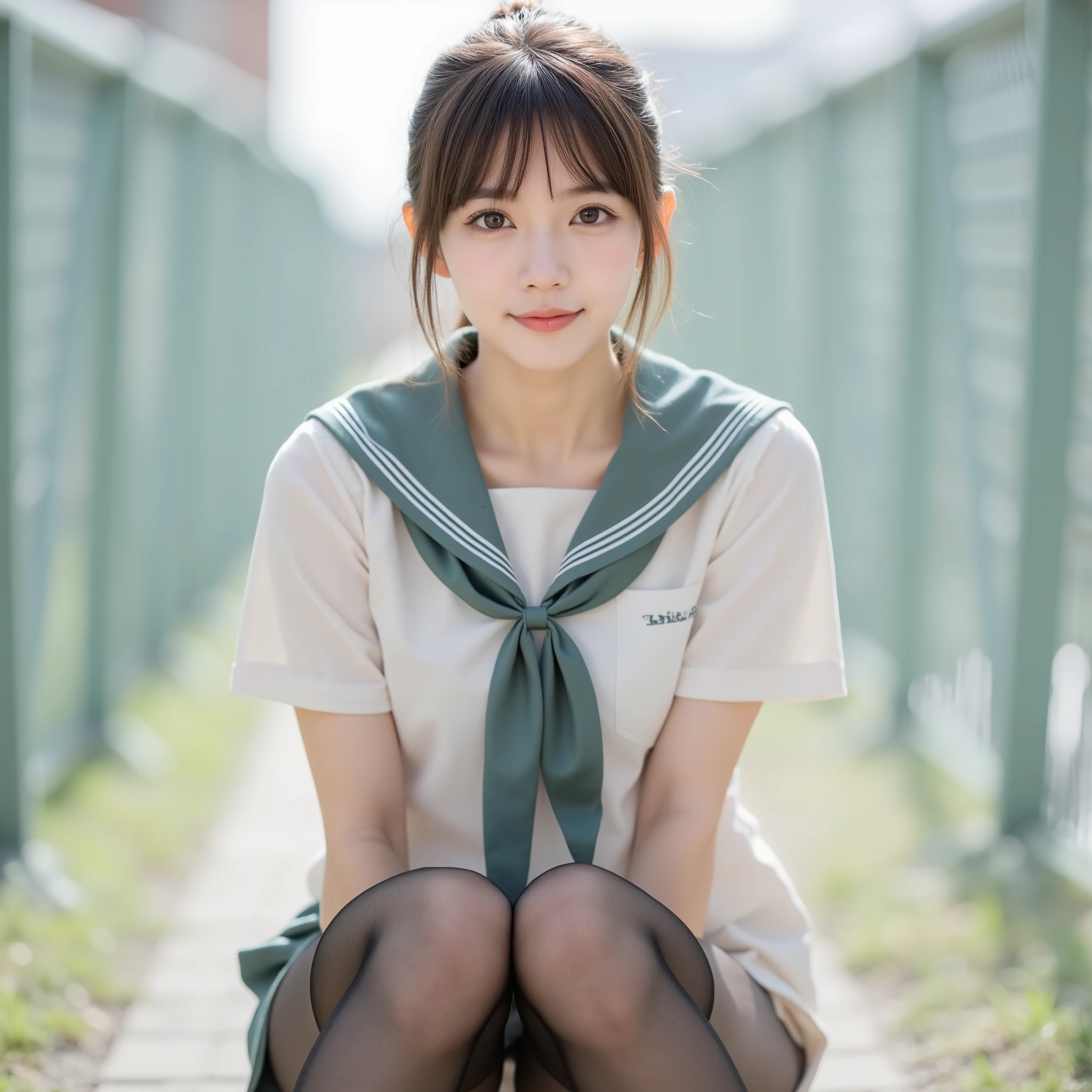 ( greatest masterpiece:1.30, Surrender:1.5), ( Original photo :1.5), professional photography, ( high definition clear focus :1.5), Movie Light, (( full body shot without underwear :1.4)), BREAK, (super detailed beautiful face:1.10), ( get used to it:1.9), 21 years old, ( Super Detailed Beauty Beauty Female Idol :1.7), ( Cute Smiles:1.3), woman in the center of the image , BREAK, Brown hair mixed with light purple , Outside of the day , Full Body Front, black sheer stockings ,
. cute girl with a Nogizaka face 、Full Body Front、 mini skirt, ( skirt flip:1.2), (from below:1.3), ( spandex stockings ), Extremely cute :1.21, BREAK,
ponytail hair wearing a steel skirt, she's in uniform , traditional sailor uniform from a prestigious high school in Tokyo , light green uniform , Short Sleeve Sailor Suit :1.21, ライトレッドとイエローのプリーツ mini skirt , (( crouching and spreading legs :1.5)) , software , panties, The blouse is transparent,