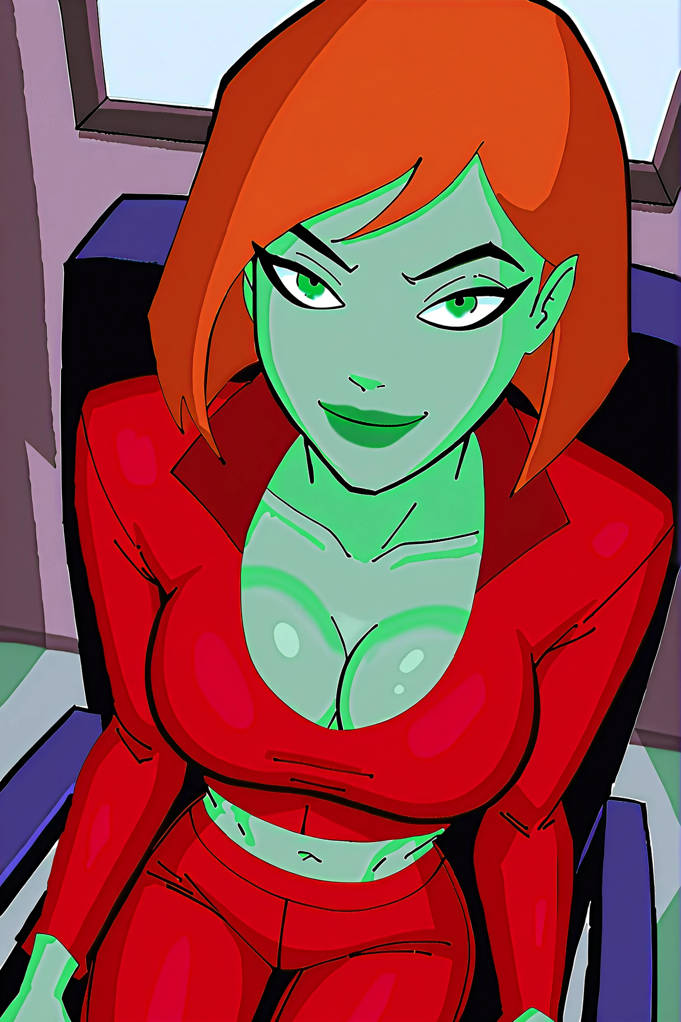 BREAK, score_6_up, score_7_up, score_8_up, score_9, 1girl, solo, green skin, green eyes, orange hair, green lipstick, makeup, Megan, superhero, , busty, cleavage, curvy, athletic, looking at viewer, seducing viewer, teasing viewer, expression, smiling, closed mouth, bedroom eyes, long sleeves, red leather jacket, red crop top, red jeans, indoors, bedroom, sitting in chair, closeup, portrait, upper body, high-angle view, dark blue eyeshadow, midriff