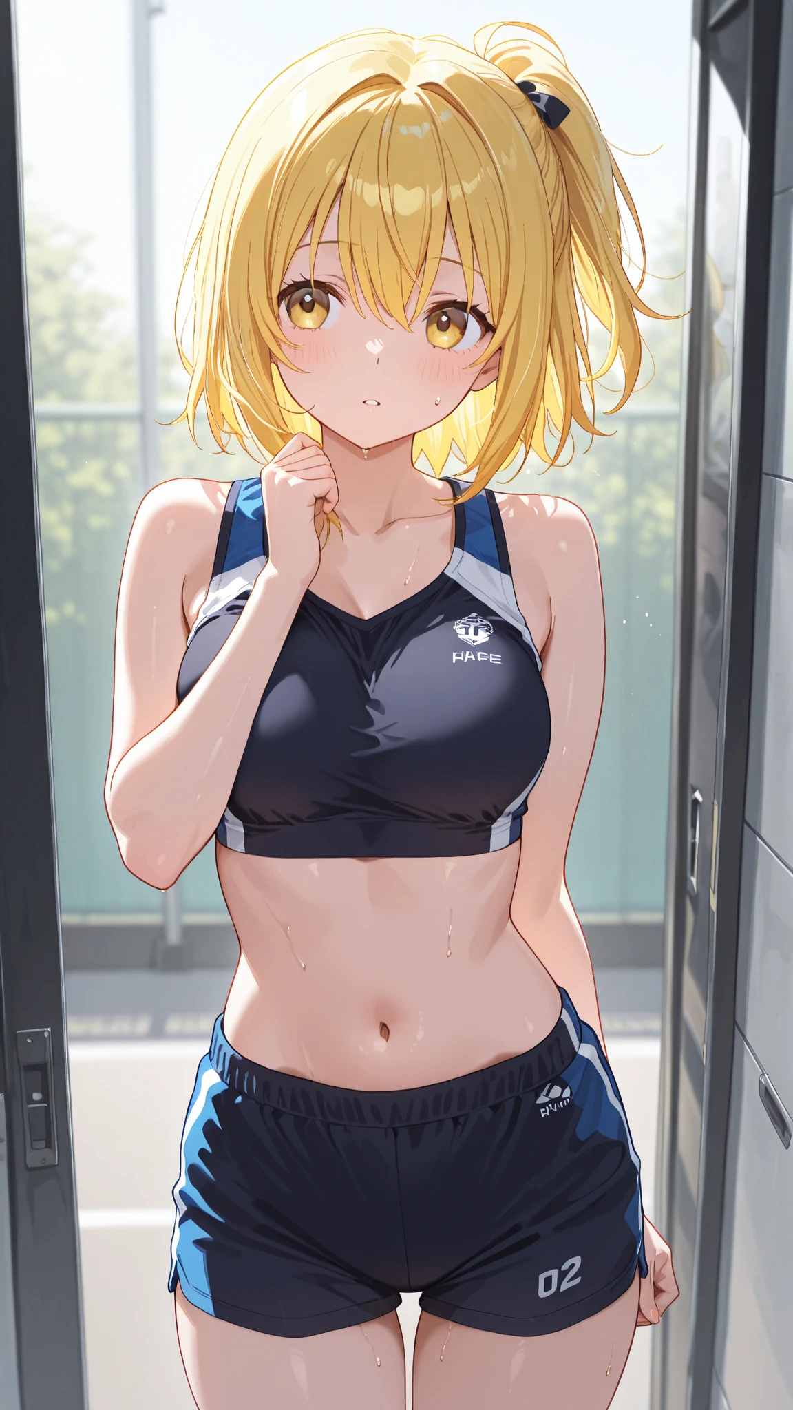 solo, masterpiece, best quality, outdoors, street, looking at viewer, :o, closed mouth, blush, saber, blue eyes, blonde hair, sidelocks, ahoge, single hair bun, french braid, blue hair ribbon, sports bra, leggins, sweat, arms behind back