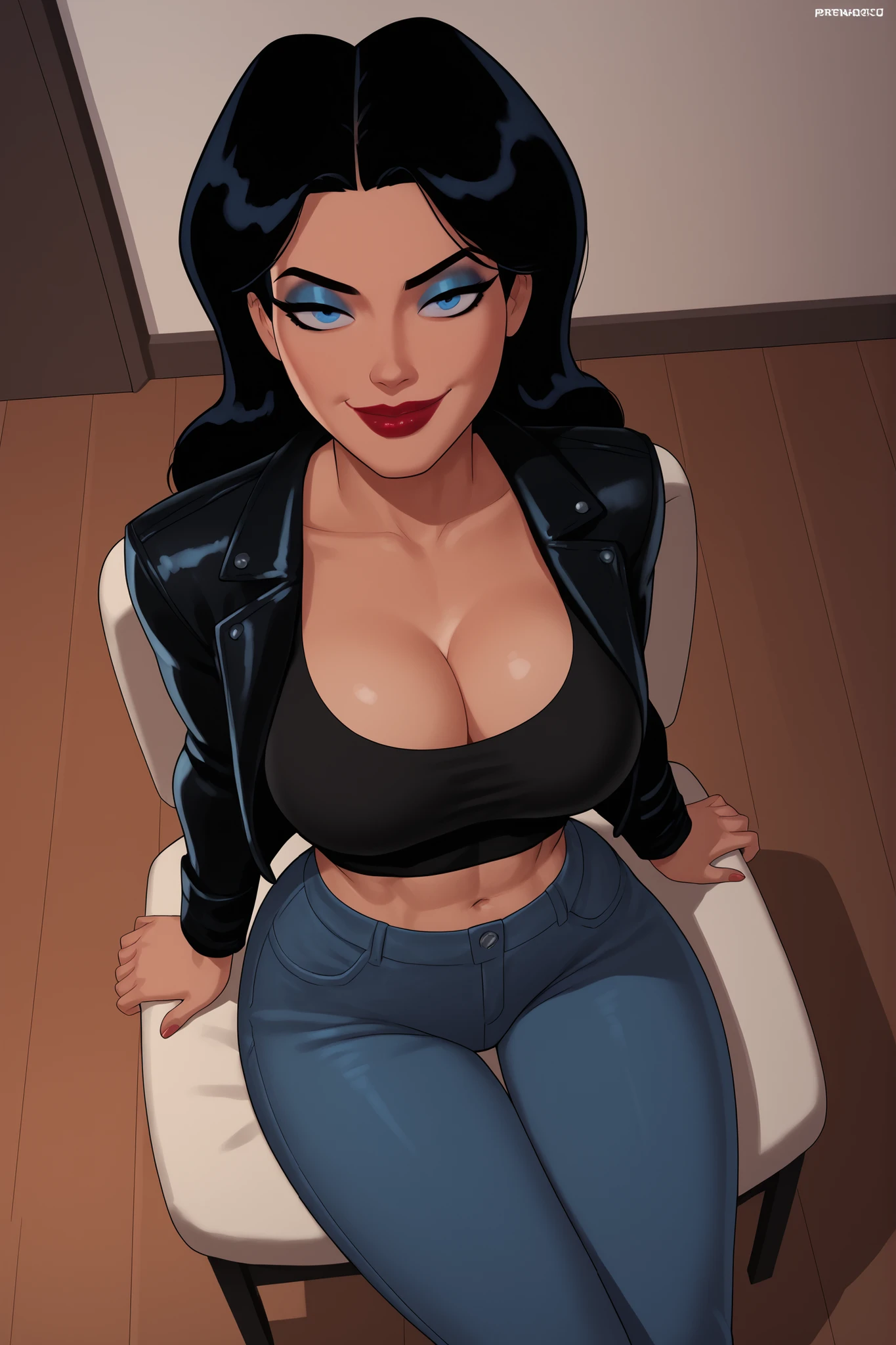  BREAK, score_6_up, score_7_up, score_8_up, score_9, Donna Troy, 1girl, solo, lipstick, makeup, long hair, black hair, blue eyes, looking at viewer, smiling, closed mouth, sultry expression, bedroom eyes, , busty, cleavage, curvy, athletic, long sleeves, black leather jacket, black crop top, black jeans, indoors, bedroom, sitting in chair, closeup, portrait, high-angle view, blue eyeshadow