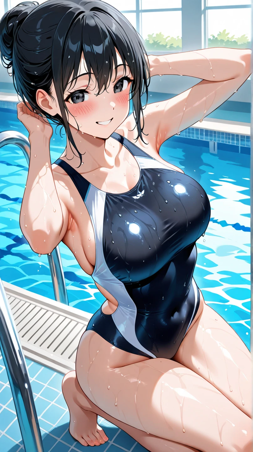 rating_????????, anime coloring, (anime cels style, high resolution, photorealistic), ????, (super fine illustration:1.3), (best quality:1.2), (masterpiece:1.2), top-quality, delicate features, delicate skin, beautiful lighting, ((1girl)), perfect face, perfect eyes, detailed hair, outfit perfect, beautiful ???????, perfect body, perfect ???????, perfect ?????, perfect ????, perfect legs and feet, perfect hands, perfect fingers, ((?????????????:1.4)), (small ??????:1.1), beautiful thigh, beautiful legs, curvy body, Attractive body, Voluptuous body, Attractive legs, ultra detailed eyes, ??????, Pupils, ???? pose, dynamic pose, dynamic background, (shiny skin:1.2), ultra detailed clothing, pretty, cute, ((oily skin:1.3)), (Super oily and shiny skin with fine texture:1.1), beautiful oil-covered thighs, blush, (light smile:1.4), open mouth, (??????), afterglow, (small ????? majora:1.2), (small beautiful ??????:1.3), (beautiful ???????:1.2), (perfect proportions), (sweat-soaked body), (((dark blue color Competitive swimsuit:1.4))), (((beautiful dark blue and white two-tone one-piece Competitive swimsuit:1.4))), body is wet, shiny swimsuit, shiny clothes, shiny body, BREAK, ((clothed)), ((invisible ???????)), ((covered ???????:1.5)), BREAK, ((outdoors school pool)), blue sky, beautiful light blue water surface, sensual look, 1 cute girl, (close to viewer), cowboy shot, intricate, (?????? squeeze), ?????? grab, (sitting on boy), (???????????), (1boy), ?????, hetero, sweat, ?????, ?????, solo focus, ???????????, legs up, ???, ???, ???????, (swimusuit aside), ??? in ?????, straddling, ????????????????, motion lines, motion blur, ((facing the front, straight-on:1.5)), ????????, navel focus, blowing in the wind, flutter, kyoto style, point of view shot, front view, more detail XL, absurdres, ((arihara)), ((motion ???), anime, fine anime screencap, official art, official style, megami magazine,                   