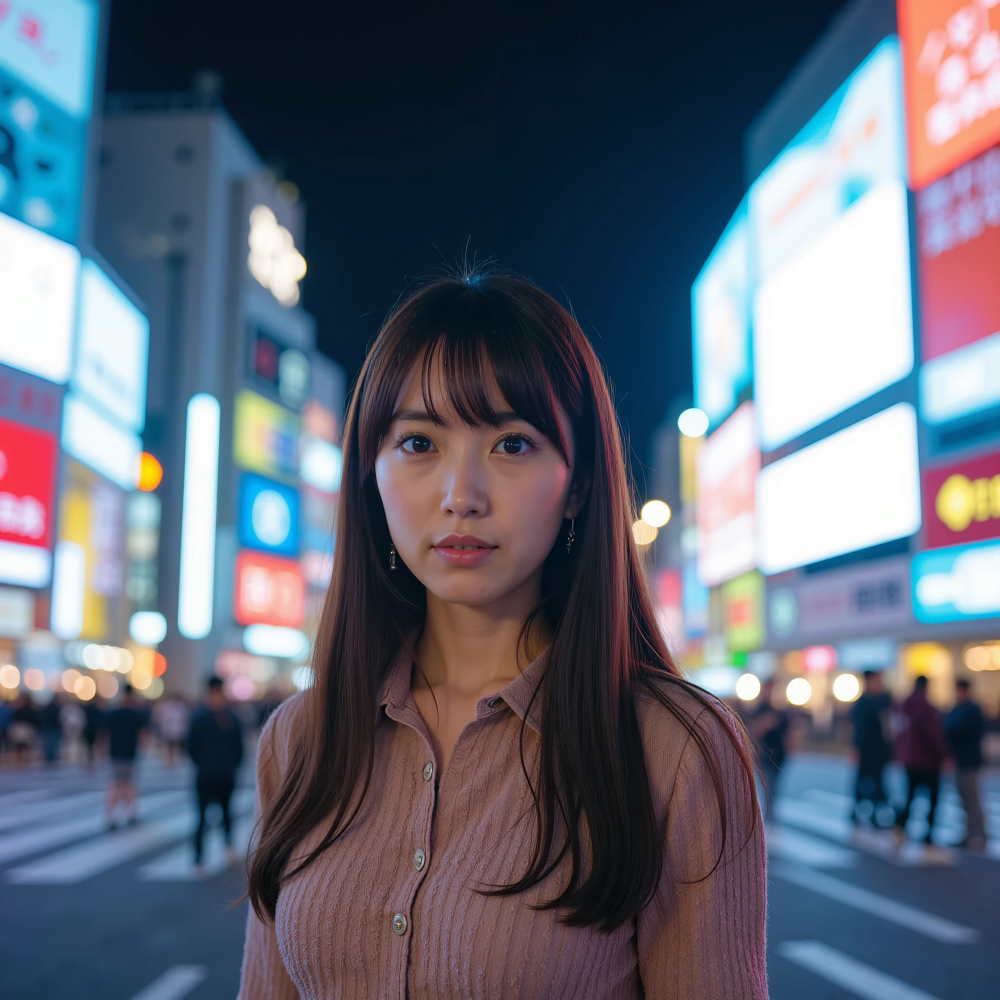 Shibuya Scramble Crossing at dusk、The street lights light up at night when the traffic light changes and people々stands at the moment when Focus、A fantastic atmosphere where the soft light of Magic Hour mixes with city lights {x} Expression mixed with cultural disconnection and longing like Lost in Translation、A static posture that contrasts with the surrounding crowd、The huge screen and advertising signs spreading in the background、comes and goes、People coming and going in the background々The silhouette and motion blur of her are slightly blurry、Scenery of an intersection that emphasizes perspective、The contrast between Tokyo's iconic cityscape and personal internality、Symbolism that stands between different cultures、movie-like color and composition、A perspective that captures the extraordinary in everyday life、16K high resolution, photorealistic, She is super clear when shooting from the tip of her head to below the knee The Japanese Transcendental Beauty Top Idol