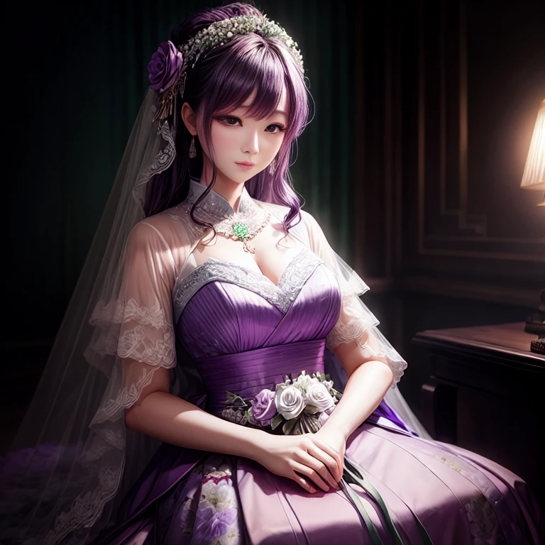 Best image quality, outstanding detail, ultra high resolution, (realism: 0), best illustration, prefer details, highly condensed 1girl, delicate and beautiful face, long hair, disheveled hair, big, blush, cleavage, delicated skin, a beautiful woman with violet hair and bright violet eyes, weeding dress, in a weeding hall garden, happi expression