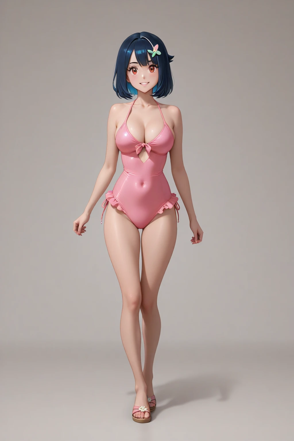 A  navy blue haired girl with a  body, she has a beautiful smile on her face, she wears a small red , her lips are very pretty and pink.