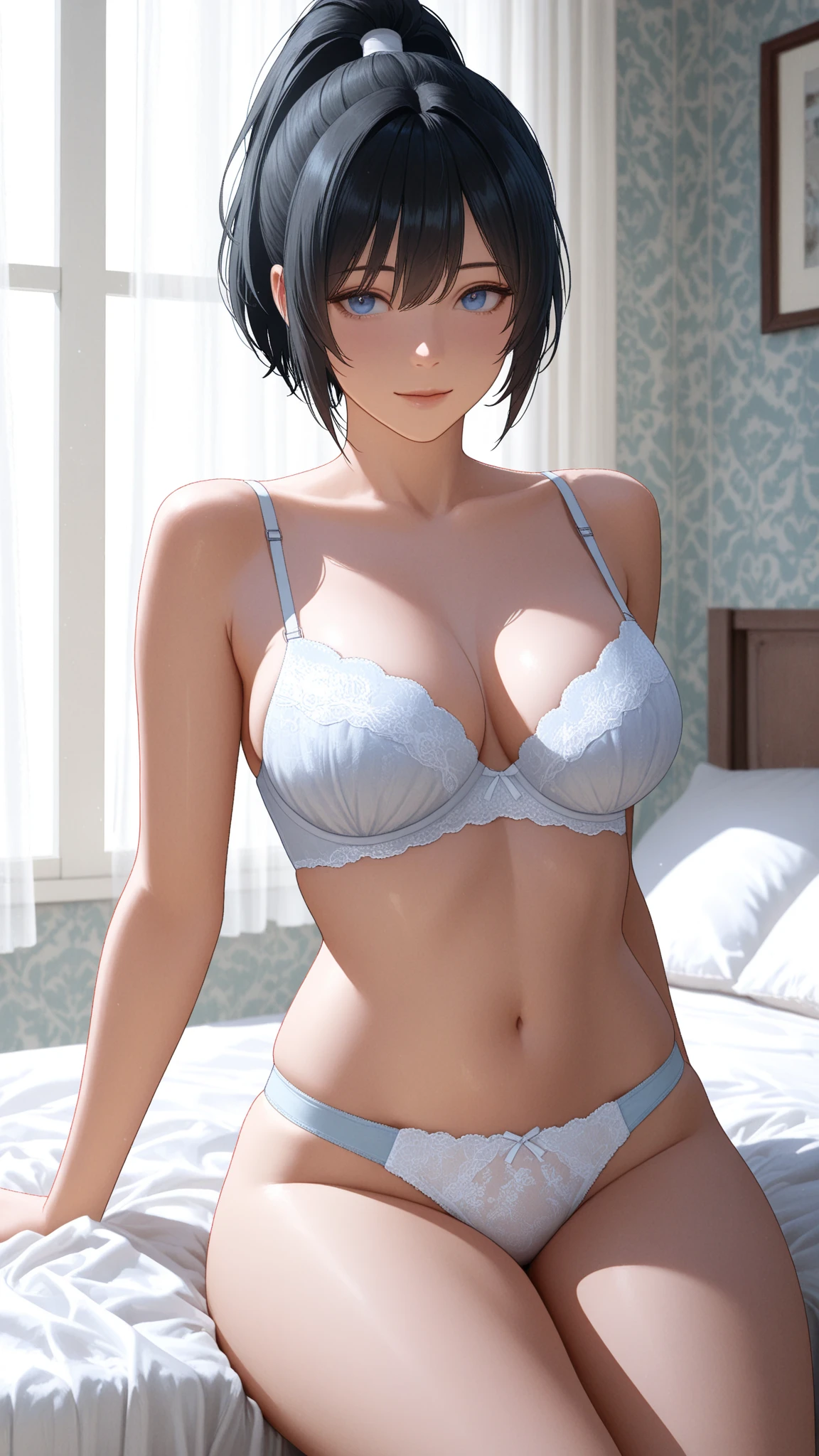 Short hair，maidennurse，animemanga girl，Delicate facial features，On the bed in the room，Cat ears，wearing white pajamas，Bare shoulders