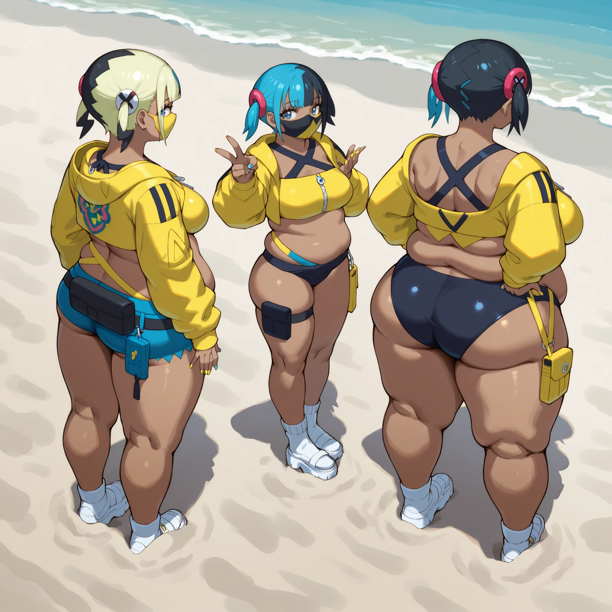  CanariZAILXLV1.0v01,
short hair, twintails, short twintails, blunt bangs, blue hair, blonde hair, black hair, multicolored hair, two-tone hair, eyelashes, blue eyes, nail polish, yellow nails, blue nails, fingernails, medium breasts, navel, dark skin,　dark-skinned female, hair ornament, mask, mask, black mask, pouch, swimsuit, beach, fat, chubby, obese,, big breasts, Larger female, full body shot, back view 