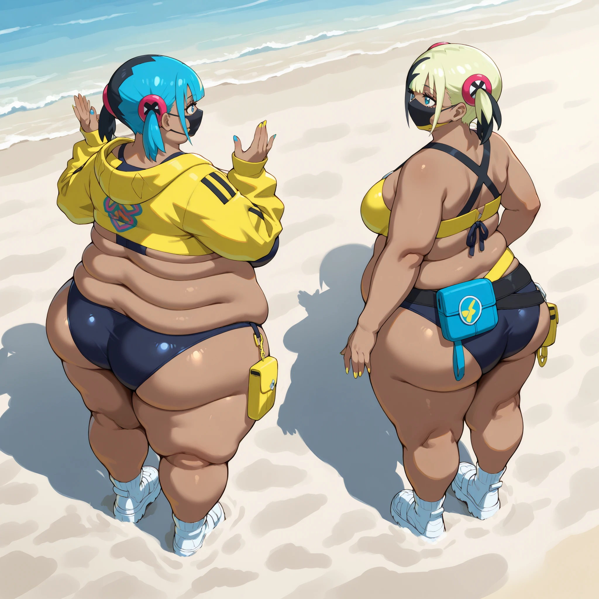  CanariZAILXLV1.0v01,
short hair, twintails, short twintails, blunt bangs, blue hair, blonde hair, black hair, multicolored hair, two-tone hair, eyelashes, blue eyes, nail polish, yellow nails, blue nails, fingernails, medium breasts, navel, dark skin,　dark-skinned female, hair ornament, mask, mask, black mask, pouch, swimsuit, beach, fat, chubby, obese,, big breasts, Larger female, full body shot, back view 