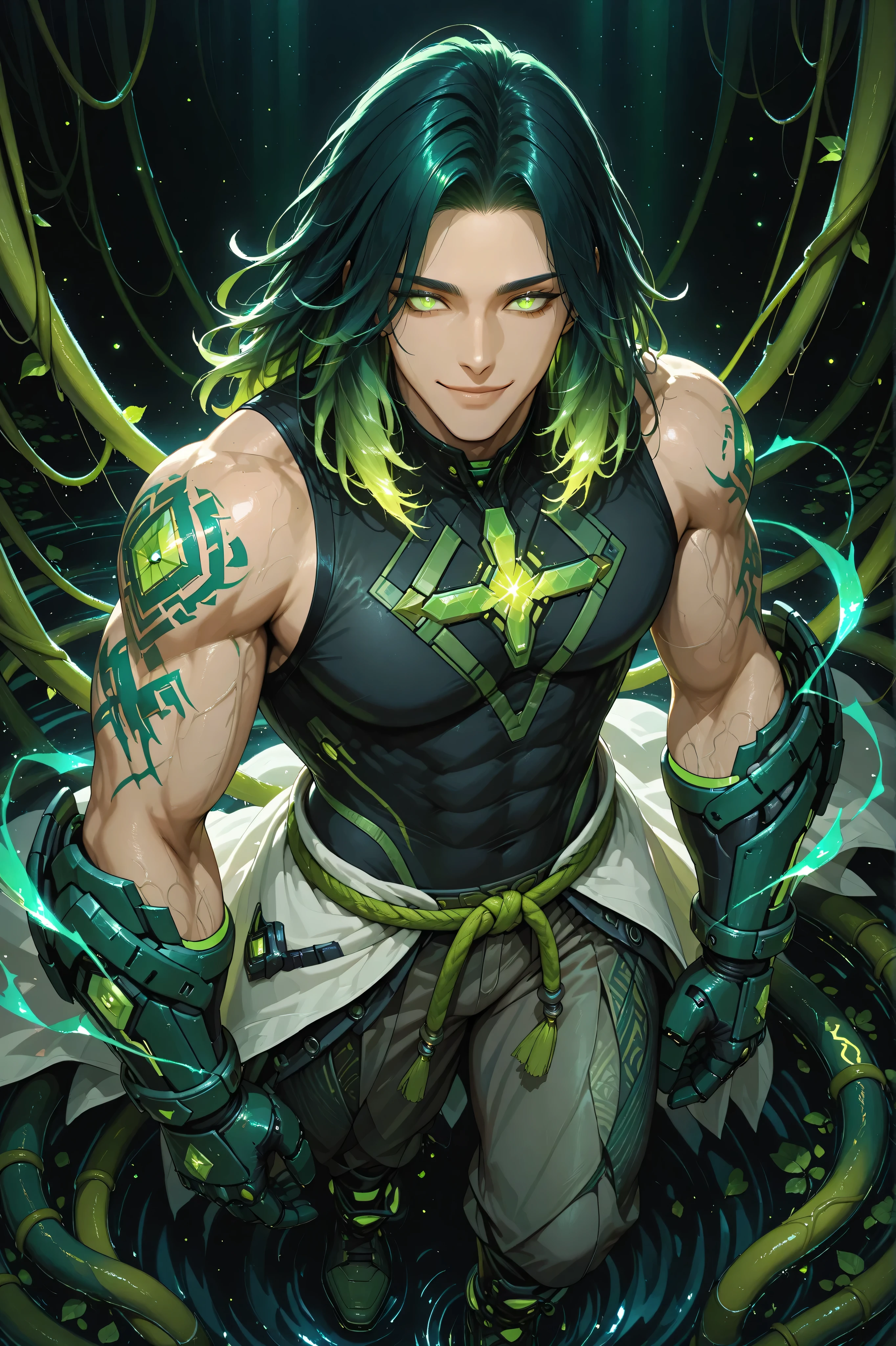 Full body shot from above, showing a tall, handsome, and muscular young man with Asian skin and a warm, confident smile. His messy medium-long dark hair glows softly with emerald-green streaks, flowing naturally with a lively, untamed look. His bright green eyes shine with calm strength and vitality. He wears a sleeveless black top with deep green accents and tight black pants lined with flowing nature-inspired patterns. His massive reinforced green gauntlets and tall massive reinforced green boots pulse with soft glowing veins of life energy, resembling roots or flowing mana. Subtle green tattoos trail across all over his body like vines, glowing faintly with vitality.
He stands tall and relaxed, one hand at his side, the other resting lightly near his waist, radiating quiet confidence and balance. Around him, a gentle swirl of black mist mixed with glowing green light particles drifts softly like leaves in the wind. Simple black background, cinematic lighting, anime style, ultra-detailed, exuding a vital, calm, and powerful natural aura.