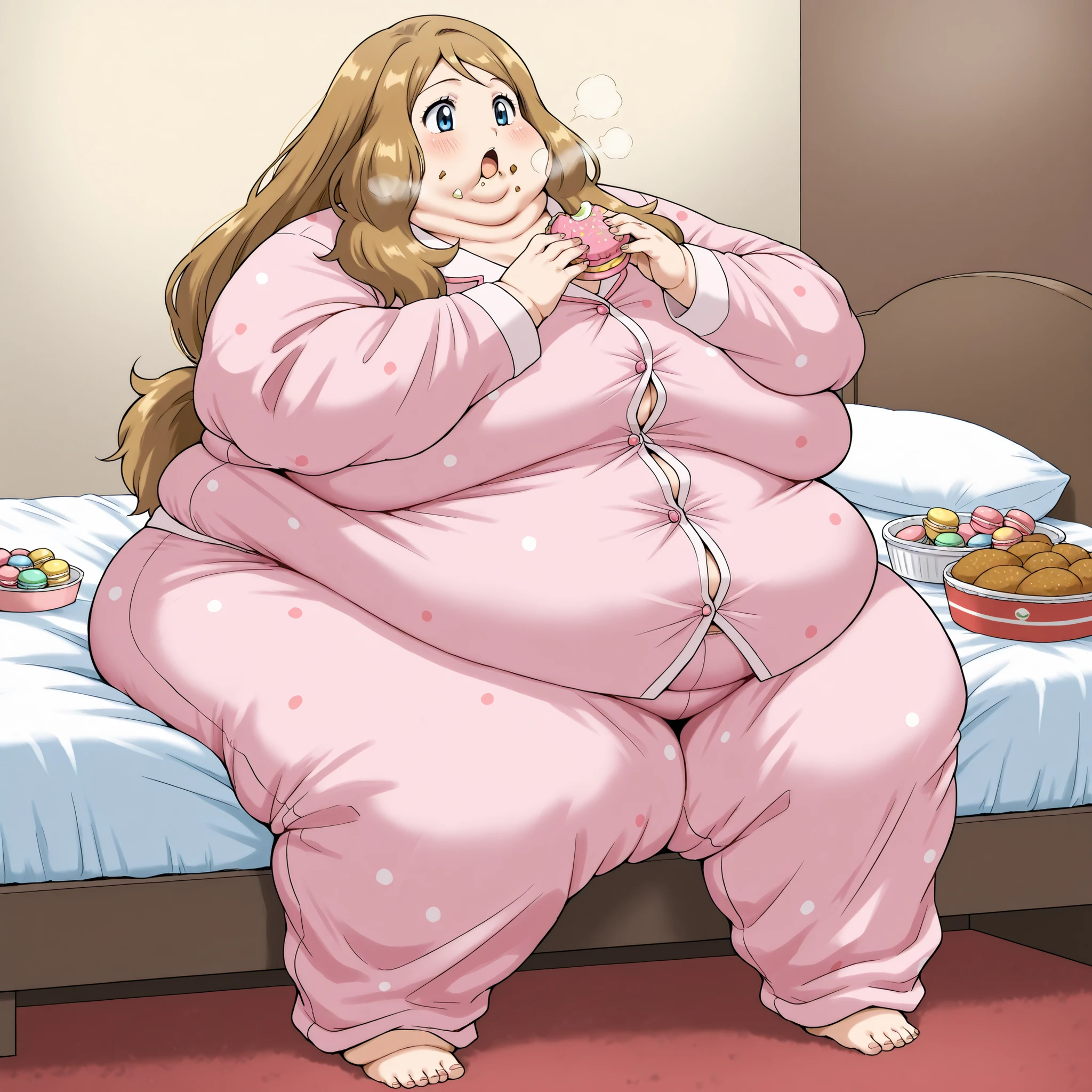 pokemonserena, serena, long hair, blue eyes, brown hair, button up pajamas, bedroom, fat, chubby, obese, fat neck, multiple chins, big breasts open mouth, out of breath, Larger female, full body shot, sitting on bed, sitting down, in front of tones of food, eating macarons, eating desserts, eating food, food in mouth, food in hands, rush of food