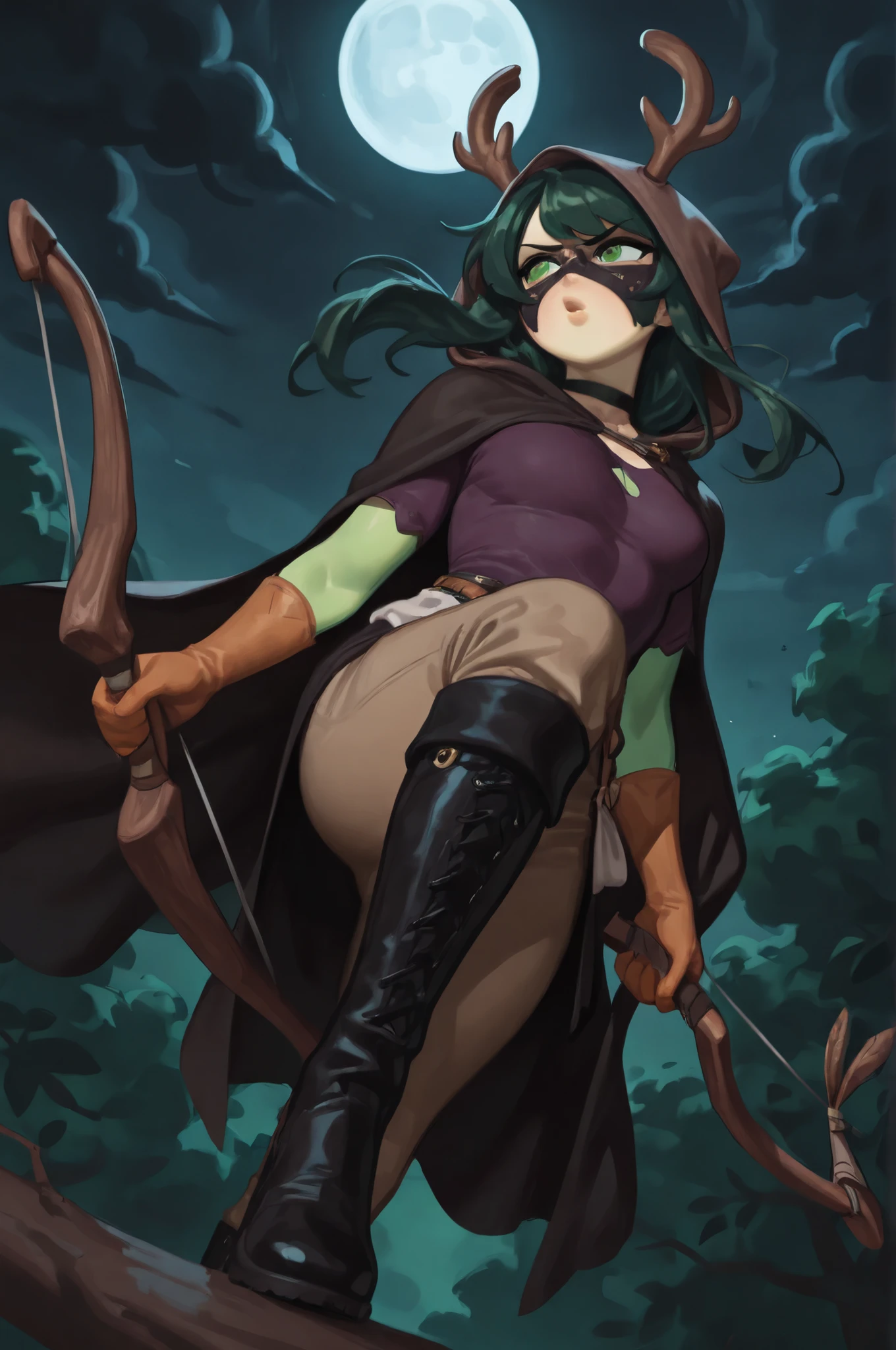 sxy5tyle, gloss_(hotglossed), ImmrLineArt style, eyes_shape_1, boy_physique_2, boy_height_4,((solo, 1girl, warm green skin tone, night, dark, dark sky, dark cloud, moon, blowing hair, brown hooded, black cape, wearing hood, deer horn on head, small nose, black half face masks,)) eyes_shape_3, body_physique_3, body_height_1, dark green hair color, green big eyes, symmetrical sidelocks, long hair, black choker, looking away, dark purple shirt, (long brown pants,) dark orange long Gloves, ((black over-the-knee boots, holding bow, hutting, angry, one leg straight and the other bent)), surround by leaf, low-angle view, looking away, standing on the tree, (((Exaggerated perspective, Tilt lens, )))breasts, The cape billows in the wind,