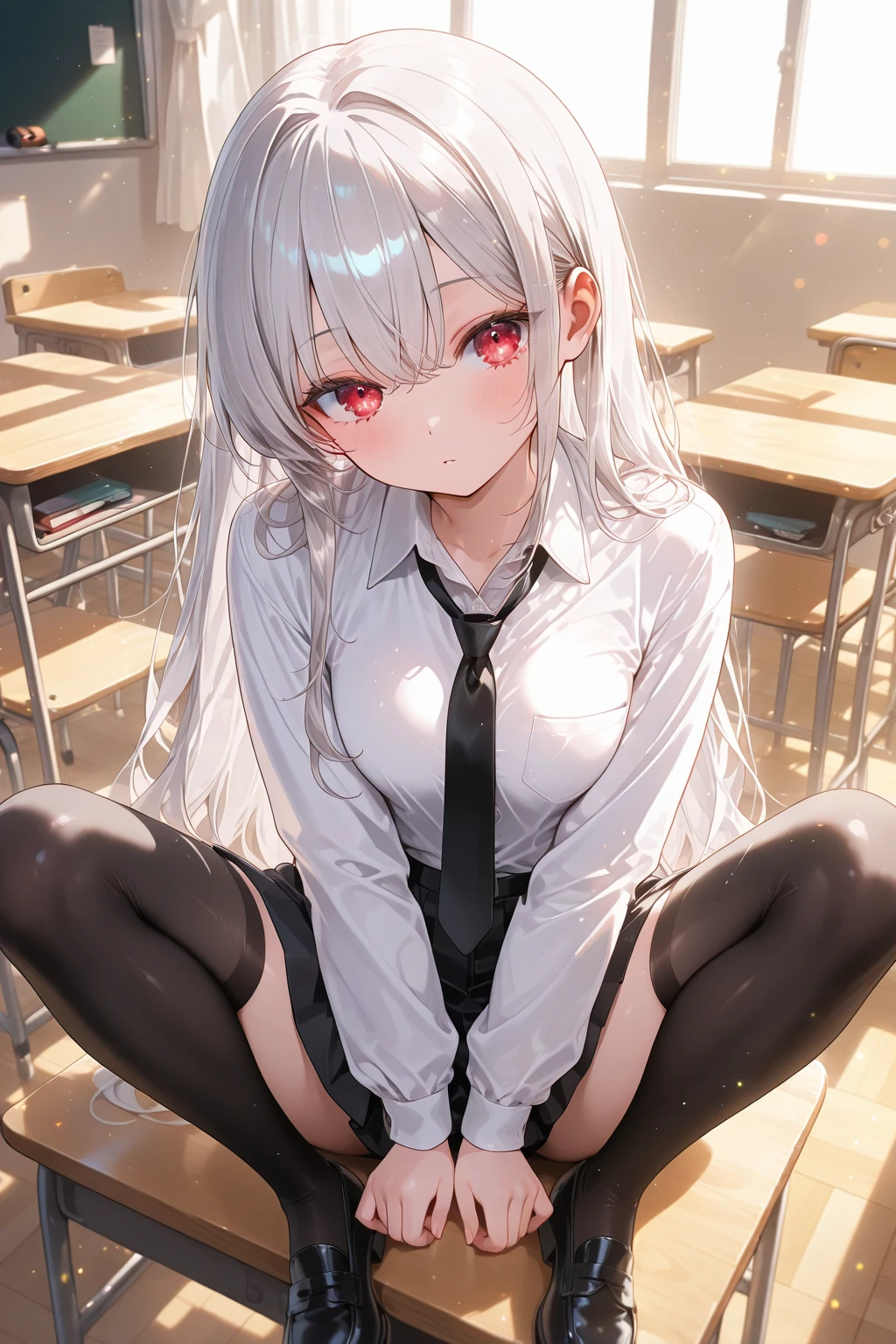 highest quality、masterpiece、((1 girl:1.5))、(())、(blush:1.5)、(smile:1.5)、((fun!!))、cute、dog ears、(silver hair)、、high school girl、((classroom:1.5))、()、、Kamimei、look at me、(No panties:1.3)、((????????????:1.5)), ((red bow tie, , black jacket, open jacket, white cardigan, white shirt, black skirt, plaid skirt、black socks))、 (No panties:1.3)、((????????????:1.5))、(highly detailed closed ?????:1.5)、((??? is coming out:1.8))、peeing、light blue eyes、long hair