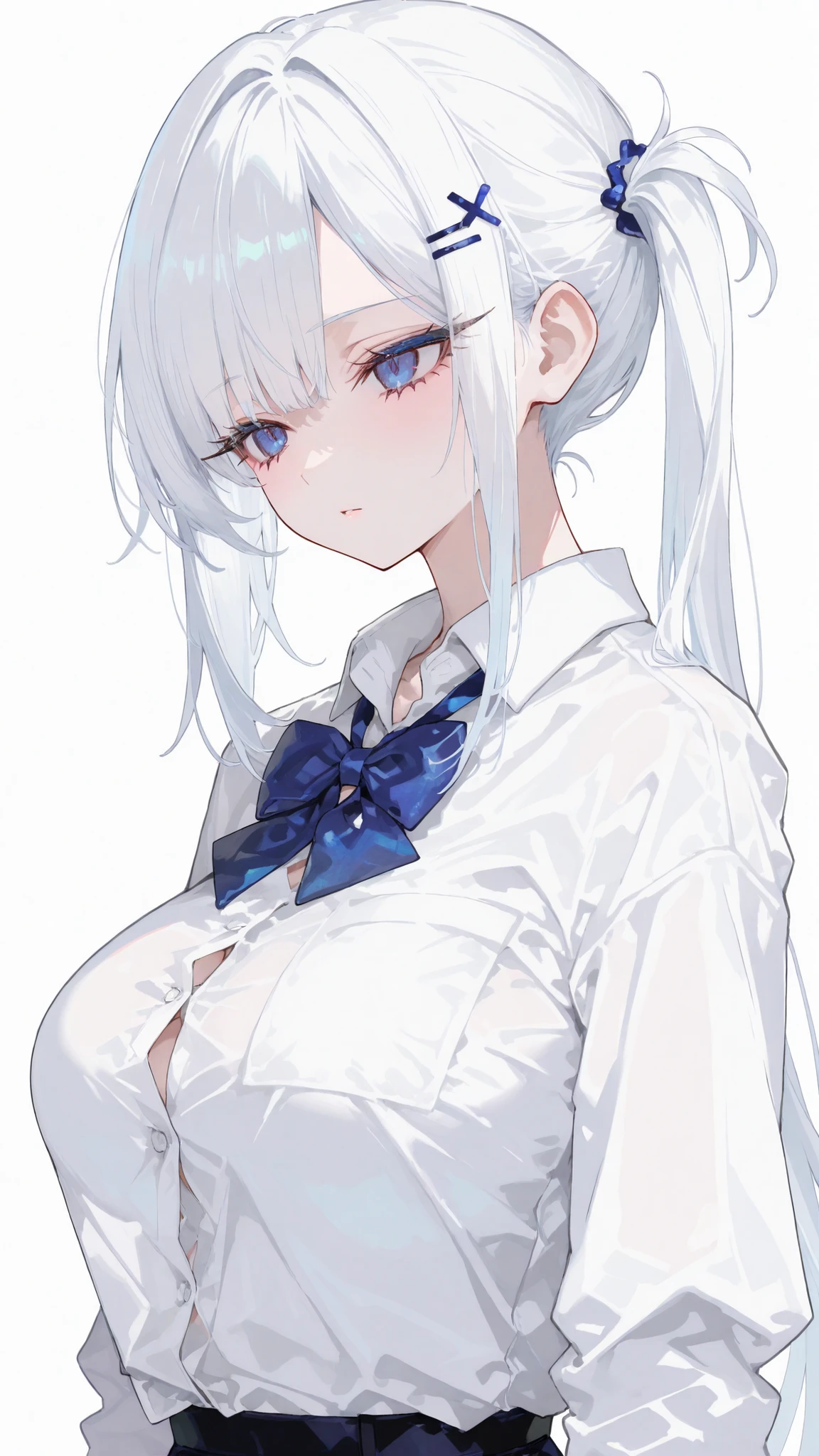 girl, white hair, left side ponytail, big breasts,Long Eyelashes, Hairpins XX, long hair, slim, White Office Shirt, Blue Bow ,standing, blue eyes, standing, white background,Upper Body Shape,