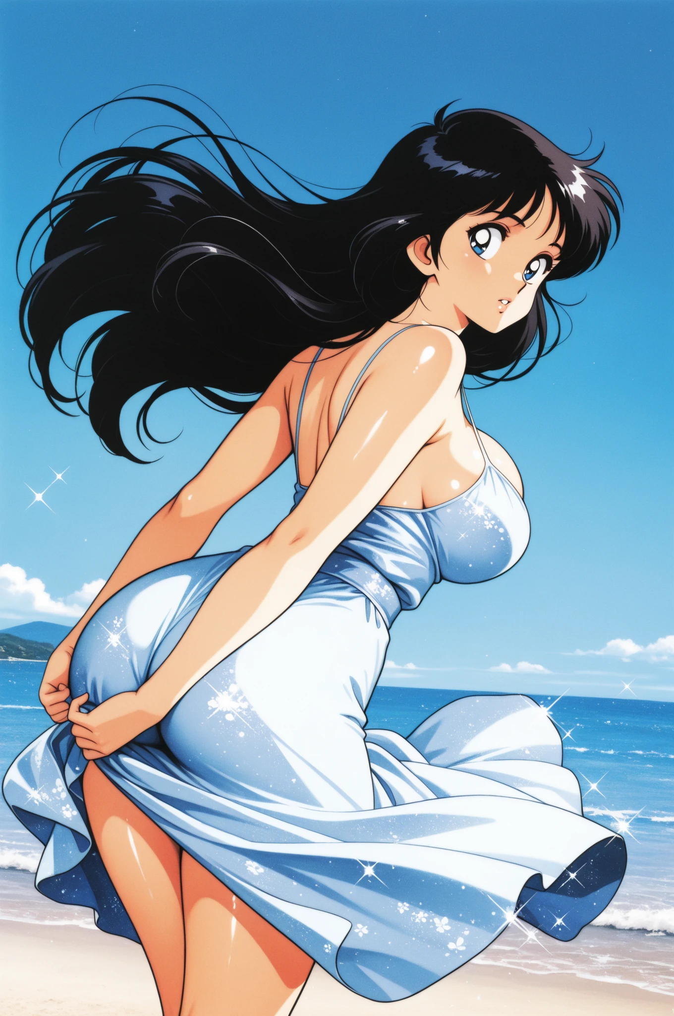 portrait of a beautiful woman, large_breats, bikini, upper_body, realism, beach, sunny, <lora:Tsuya Tsuya:0.7>