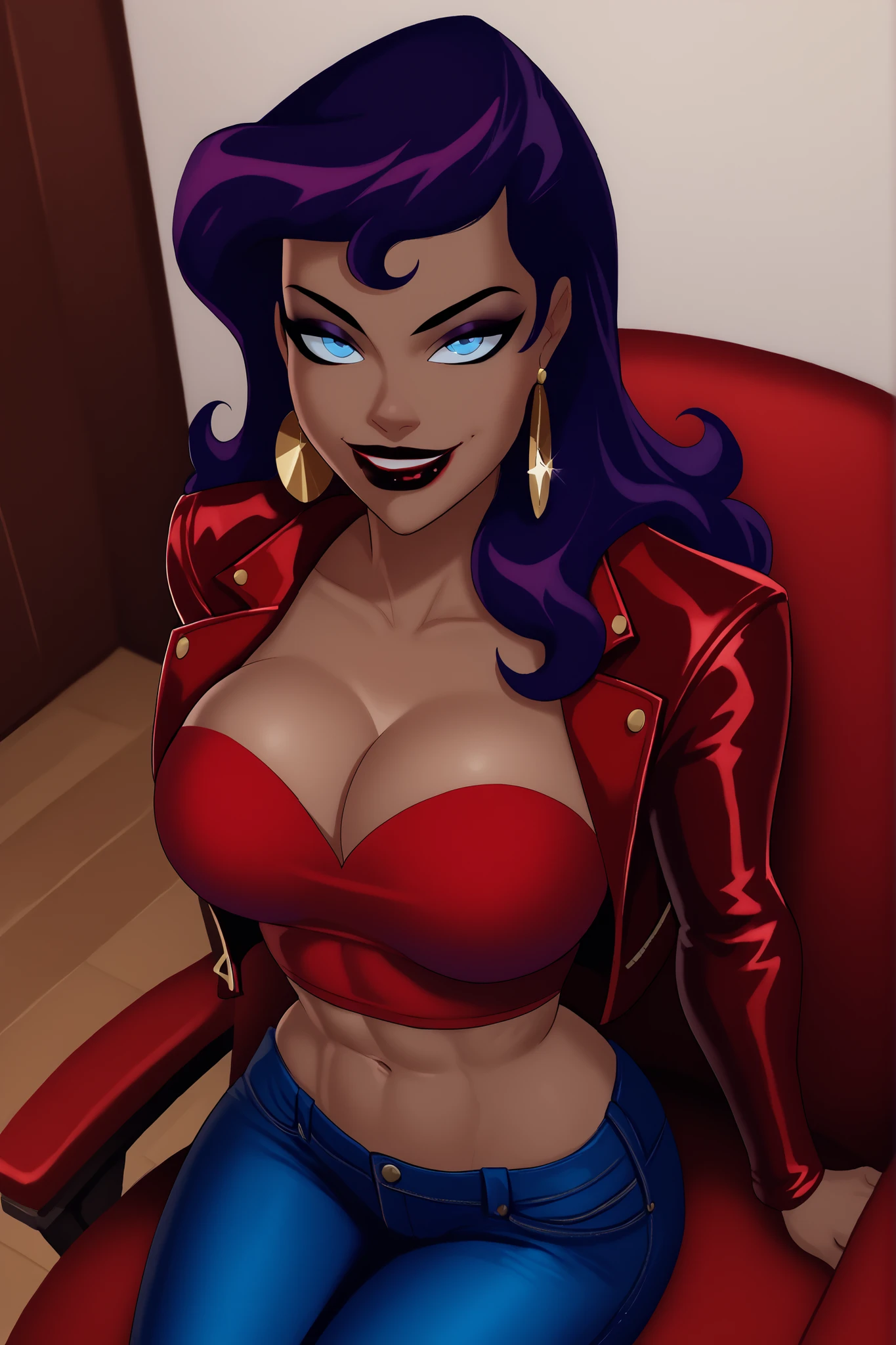 BREAK, score_9, score_8_up, score_7_up, score_6_up, masterpiece, high quality, NorCirce, 1girl, solo, purple hair, long hair, blue eyes, earrings, jewelry, , cleavage, curvy, athletic, dark-skinned female, lipstick, makeup, looking at viewer, seducing viewer, teasing viewer, smile, closed mouth, expression, bedroom eyes, busty, ruby red leather jacket, ruby red crop top, ruby red jeans, sitting in chair, indoors, bedroom, portrait, upper body, closeup, high-angle view, dark purple eyeshadow