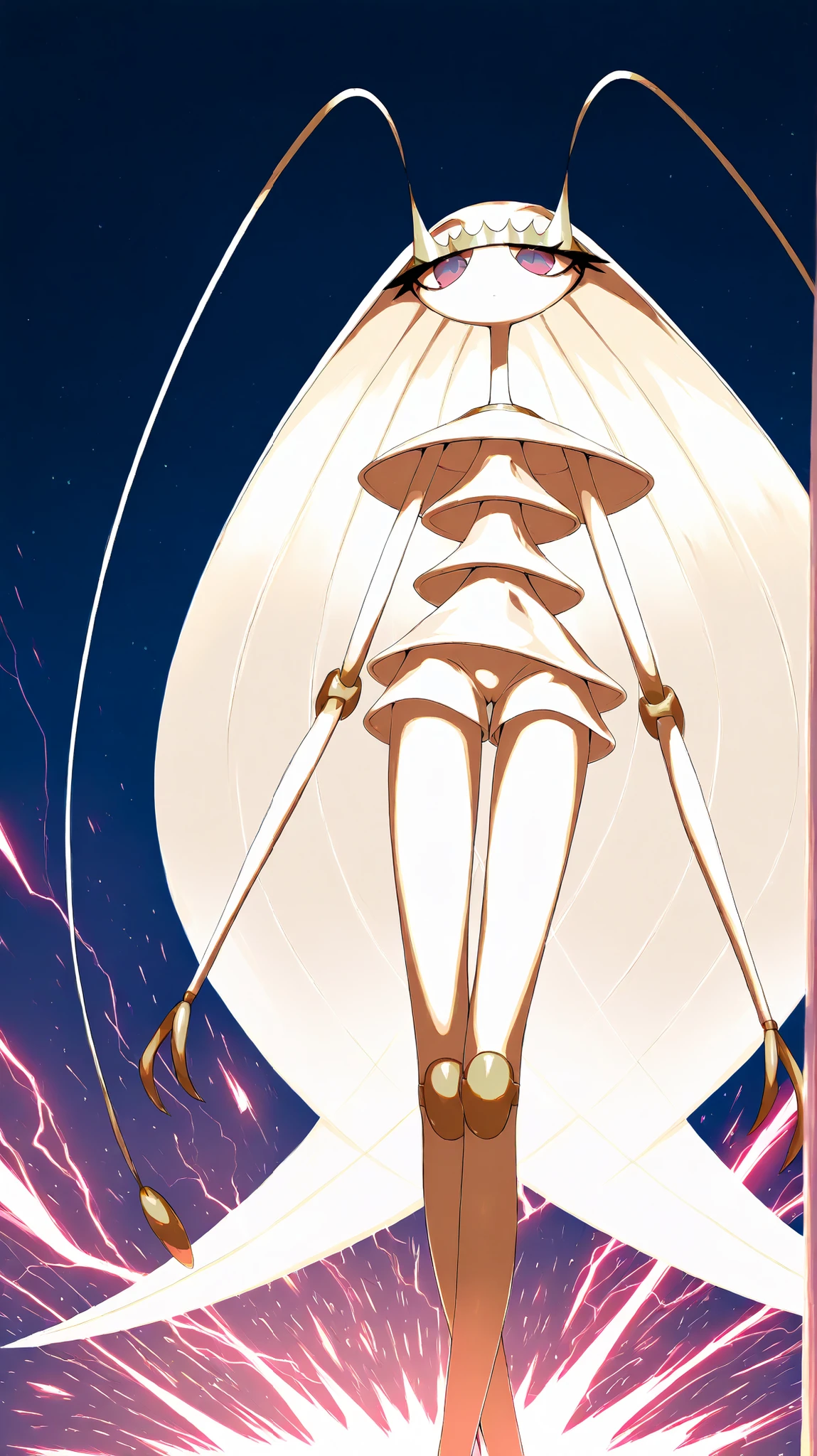 pheromosa jumping to the front and kicks、impressive angle close to the camera's point of view、Stick your long legs forward、create a sense of speed while being expressionless、shock wave effect at the tip of your knee、anime-style action scene、simple composition that looks great on the wallpaper