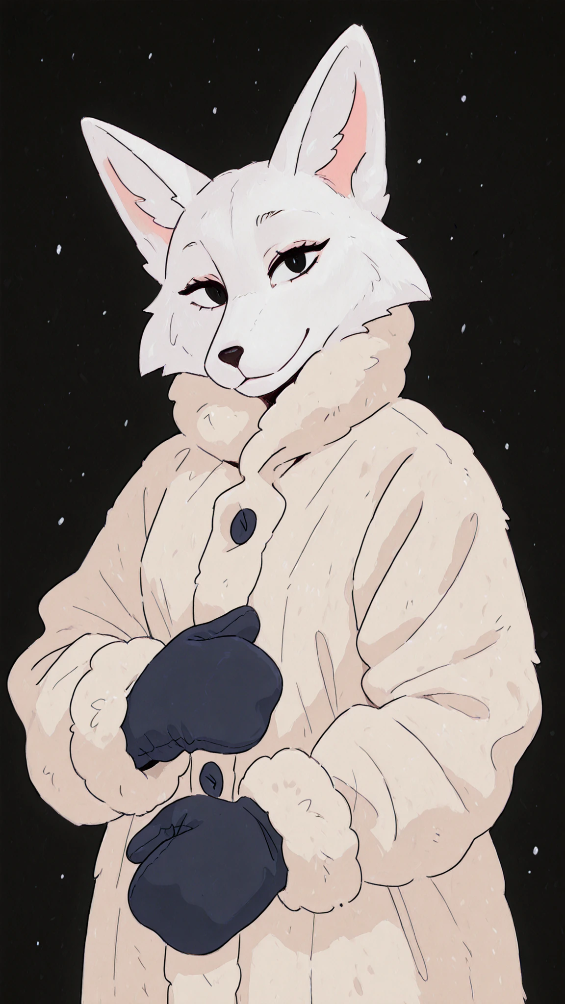 anthro, fox, looks at the viewer, sheepskin coat, mittens, black eye sclars,