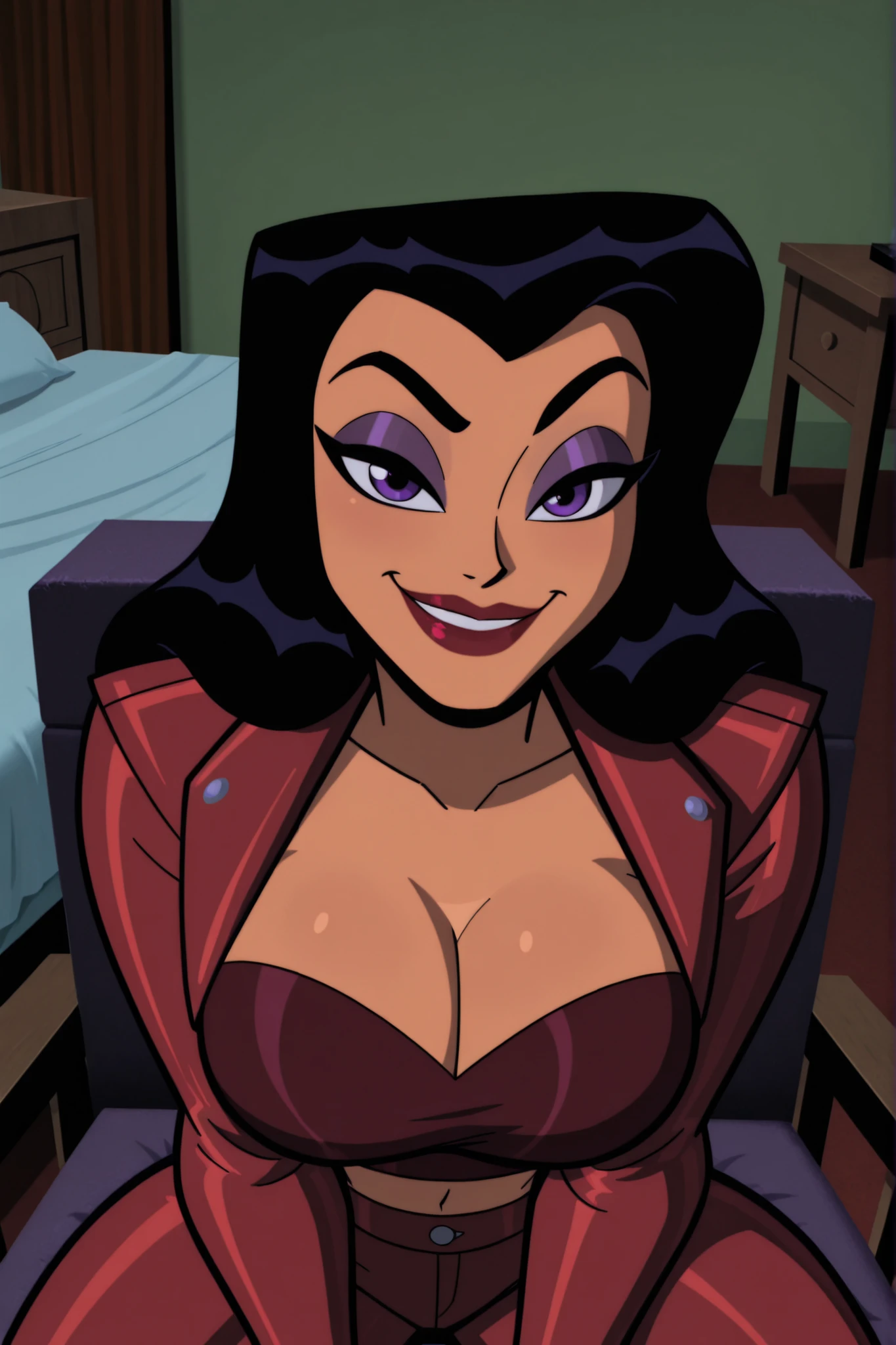 BREAK, score_8_up, score_7_up, score_6_up, score_9, h00nt33s 1girl, solo, long hair, , smile, black hair, purple eyes, makeup, lipstick, cleavage, curvy, athletic, looking at viewer, seducing viewer, teasing viewer, indoors, bedroom, sitting in chair, expression, bedroom eyes, busty, long sleeves, scarlet red leather jacket, scarlet red crop top, scarlet red jeans, portrait, upper body, closeup, high-angle view, dark purple eyeshadow