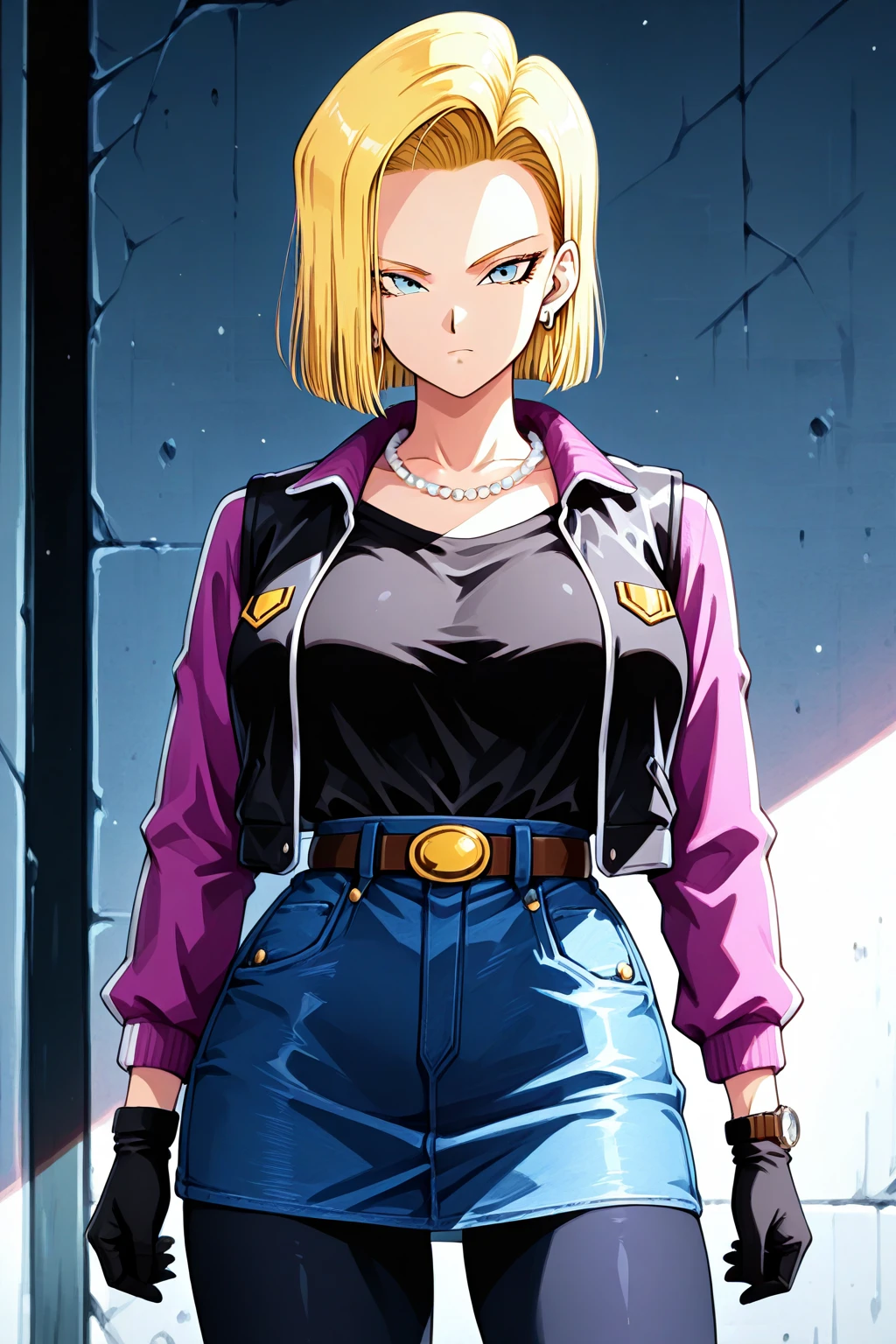 <lora:android-18-ponyxl-lora-nochekaiser:0.6> ,(android 18:0.5), blonde hair, blue eyes, eyelashes, hoop earrings, short hair, earrings, belt, black legwear, black shirt,  pocket, cleavage, collarbone, denim, denim skirt, high-waist skirt, jewelry, long sleeves, pocket, shirt, shirt tucked in, skirt, striped, striped sleeves, waistcoat,, 1girl, solo, alone, <lora:cyberpunk_edgerunners_style_illustriousXL:1>, cyberpunk_edgerunners_style, masterpiece, highres