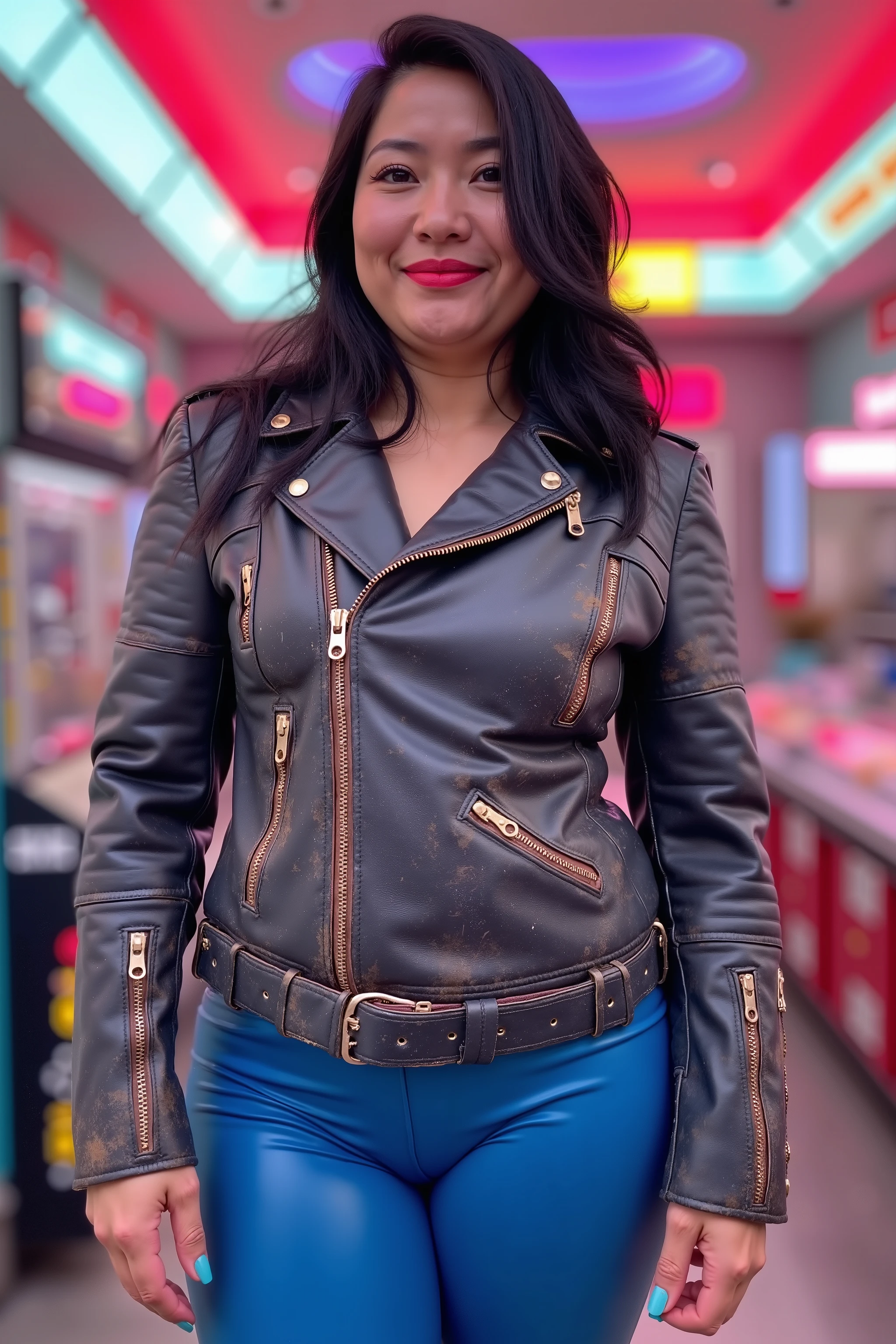 Wide angle image a 34 year old Asian woman with moderate obesity, medium belly, large arms, muscular thighs, wearing blue latex pants, wearing a pink and grey 1970s vintage cafe racer jkt made of blue and brown leather with extensive wear and dirt staining on the leather, the jacket has a shiny black collar, the jacket is zipped closed, the woman stands inside of a neon lit arcade, night sky visible through small ceiling skylights, futurism, cyberpunk