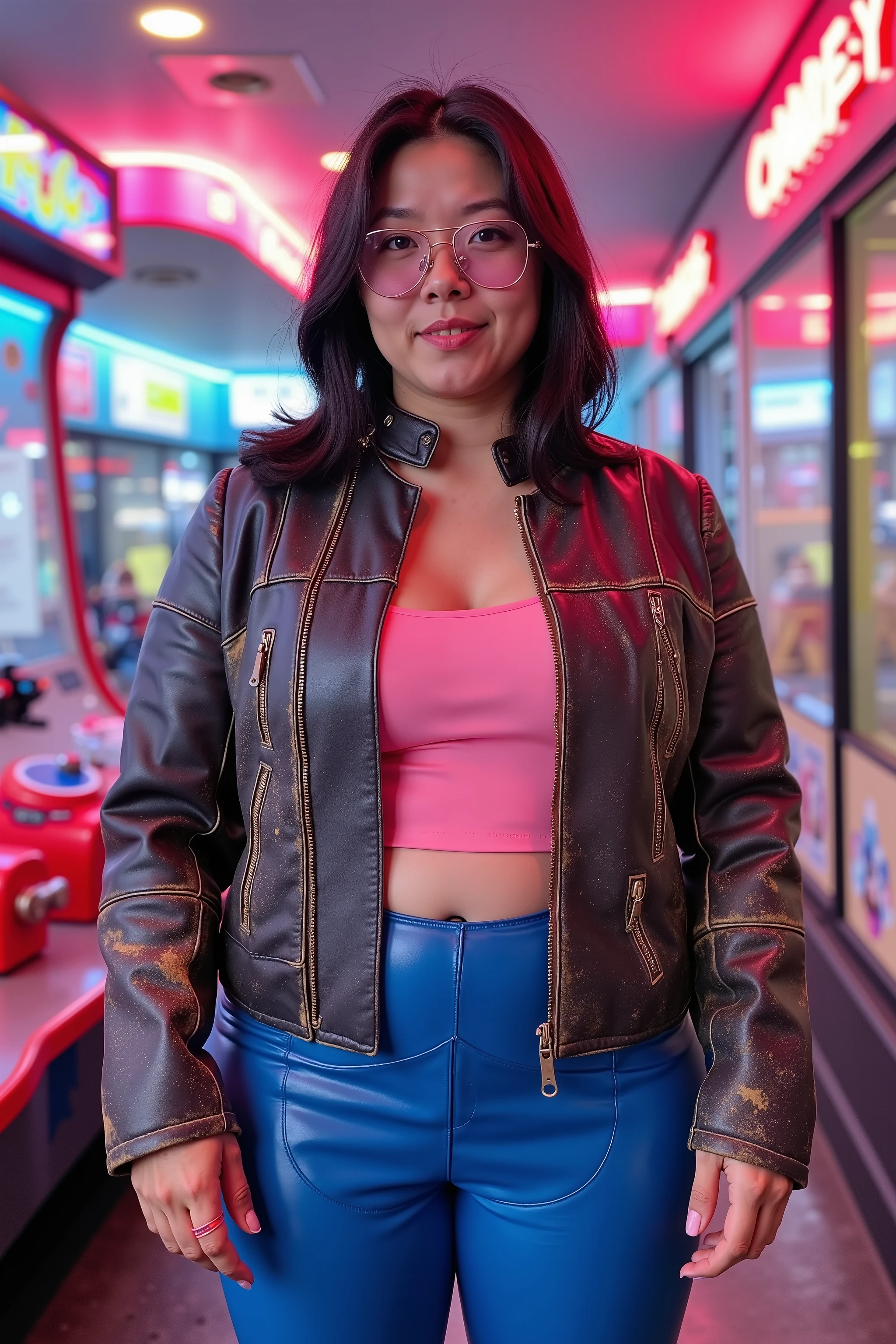 Wide angle image a 34 year old Asian woman with moderate obesity, medium belly, large arms, muscular thighs, wearing blue latex pants, wearing a pink and grey 1970s vintage cafe racer jkt made of blue and brown leather with extensive wear and dirt staining on the leather, the jacket has a shiny black collar, the jacket is zipped closed, the woman stands inside of a neon lit arcade, night sky visible through small ceiling skylights, futurism, cyberpunk