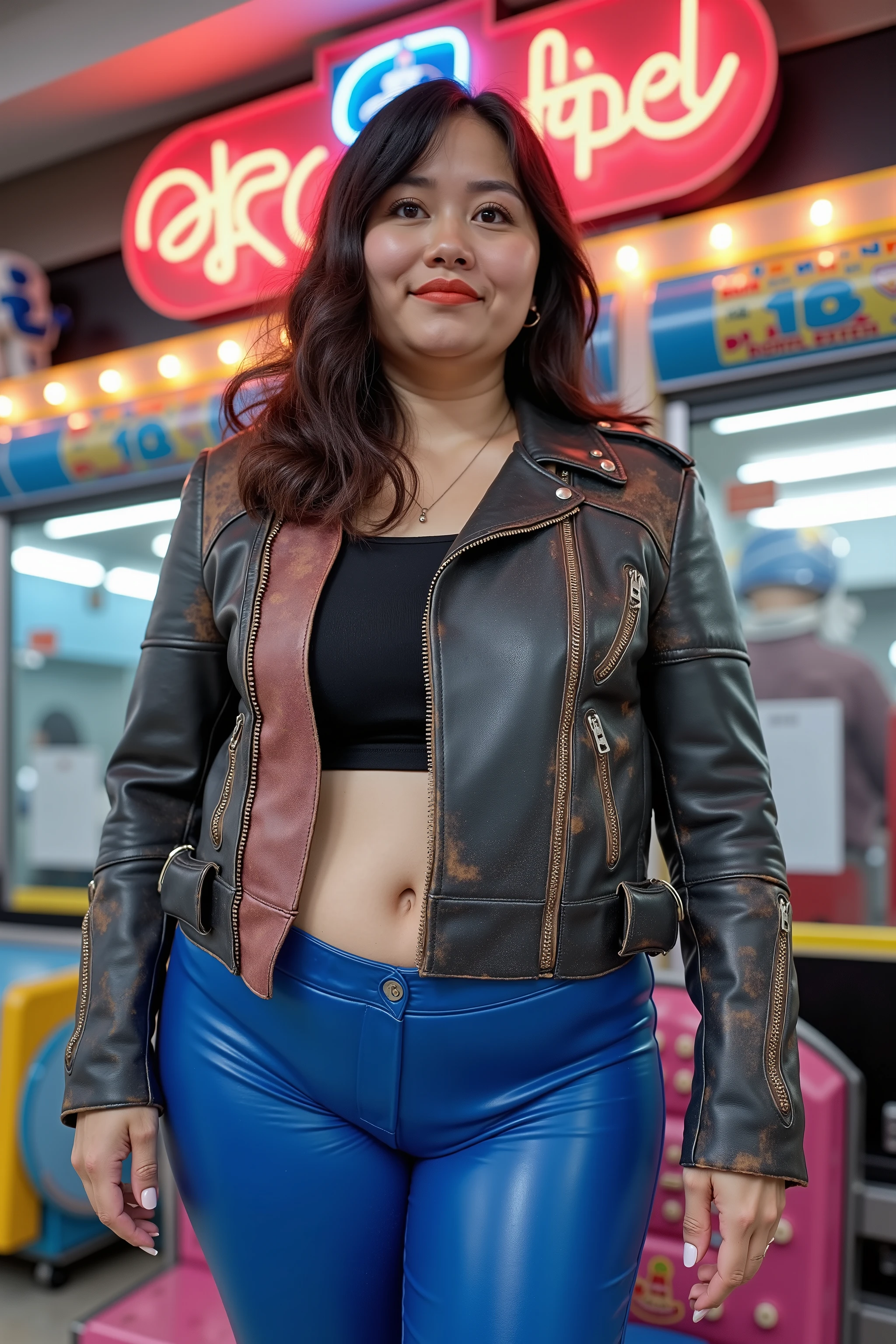 Wide angle image a 34 year old Asian woman with moderate obesity, medium belly, large arms, muscular thighs, wearing blue latex pants, wearing a pink and grey 1970s vintage cafe racer jkt made of blue and brown leather with extensive wear and dirt staining on the leather, the jacket has a shiny black collar, the jacket is zipped closed, the woman stands inside of a neon lit arcade, night sky visible through small ceiling skylights, futurism, cyberpunk