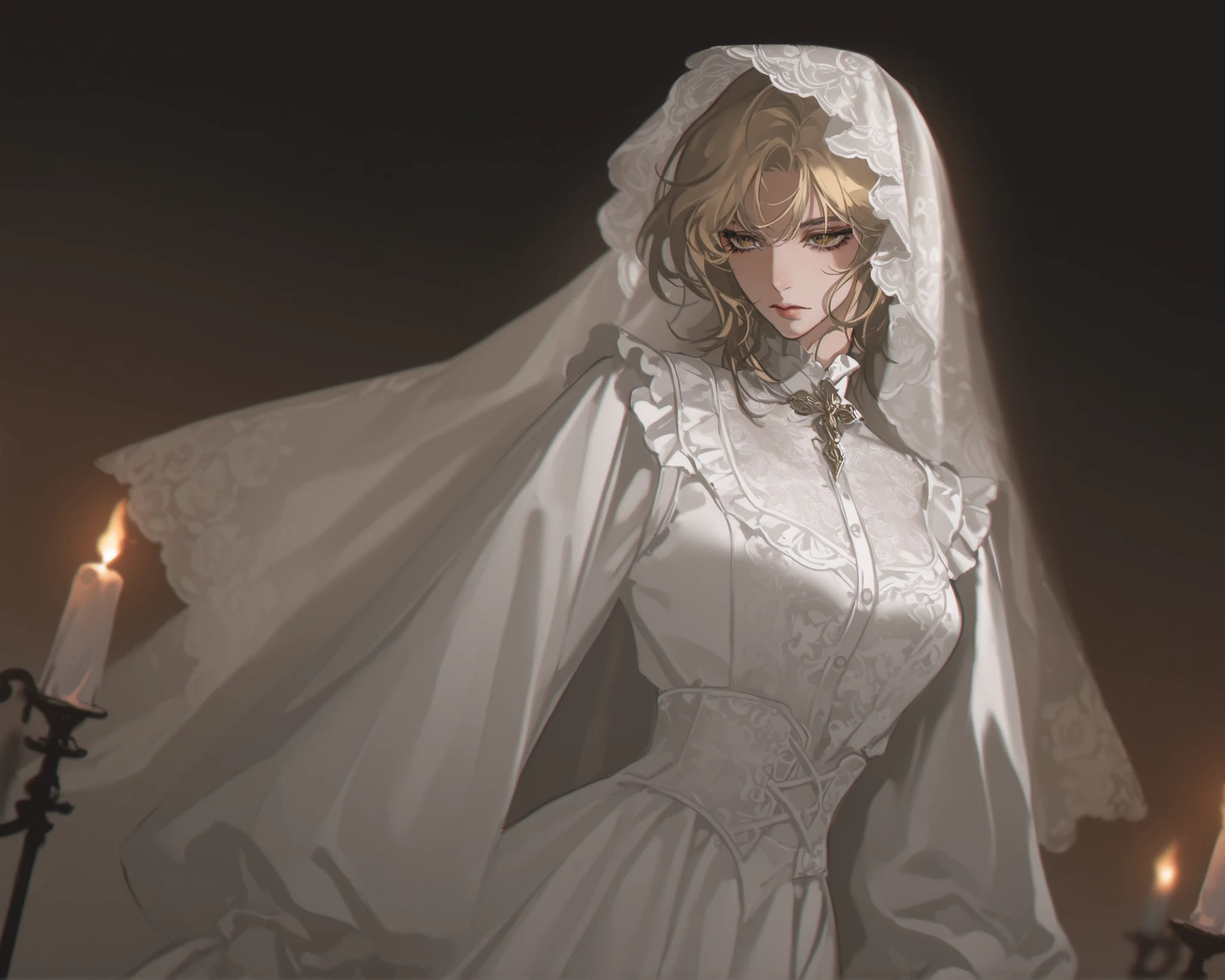 1girl, blonde_hair, female_character, white_undershirt, pattern, golden_eyes, dynamic angle, short_hair, white_skirt, straight hair, neutral expression, mature face, dark fantasy, golden roses, floral pattern, frills, embroidery, 1girl, golden, shoulder_cloak, cowboy_shot, fire, blurry, candles, path_to_nowhere, punishing_gray_raven, eyeliner, white veil, nun, white_skirt, white hood, nuanime_style, gothic, goth, victorian, flowing robes, blurry_background, 1girl, yoneyama mai, pale, edgy fashion, victorian style, bold look, fashionable, solo, blurry, chromatic aberration, portrait, beautiful light, perfect contrast, realistic facial features, detailed features, defined features, semi-realistic style, attractive features, dark colors, dark lighting, painted style, detailed style, black outline, perfect detail, pale skin, dull colors, anime style, semi-realistic, boy, clear background, lifeless colors, dark, watercolor coloring, masterpiece, ultra detailed, 4k, 8k, ultra hd, best