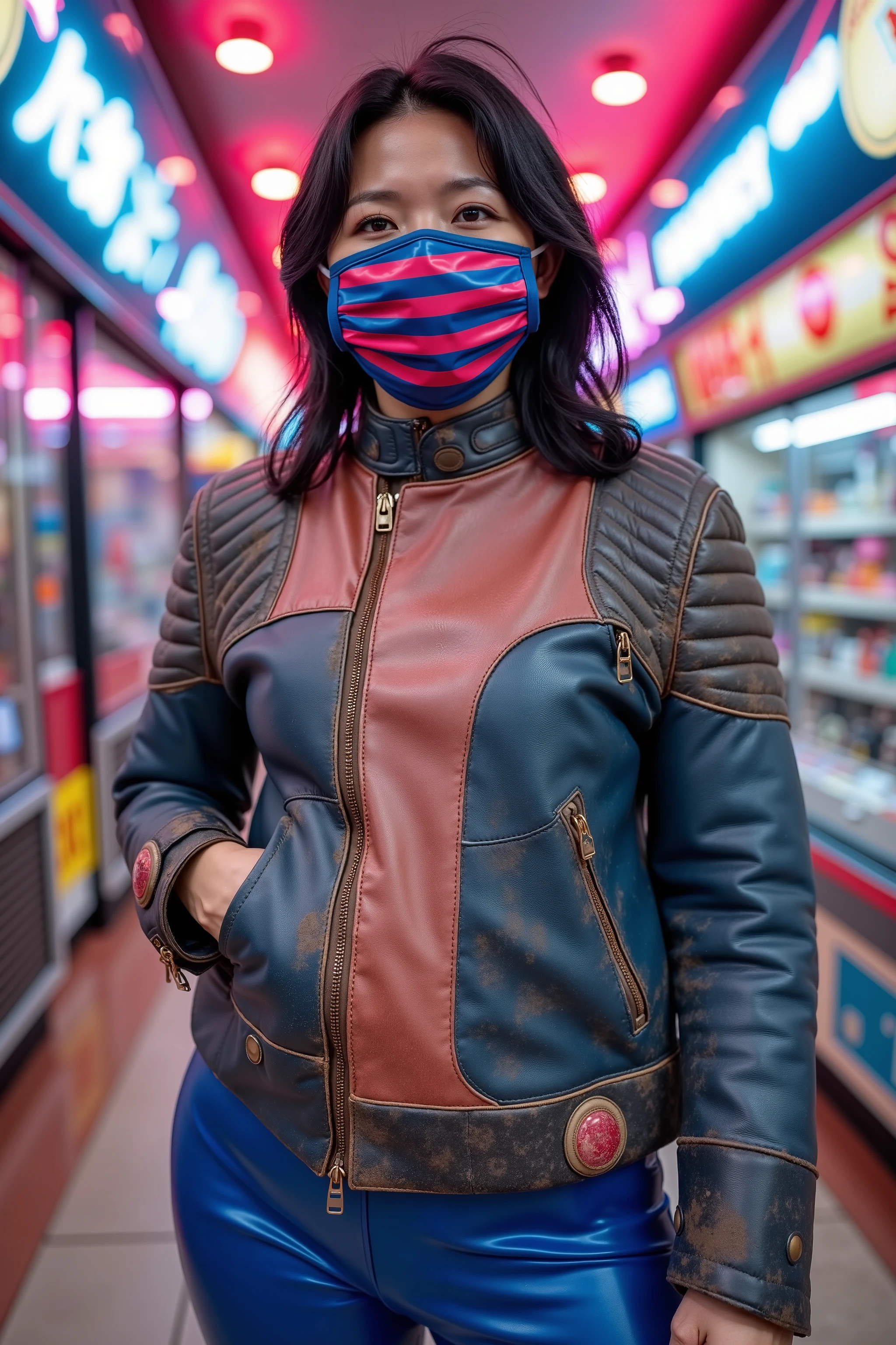Wide angle image a 34 year old Asian woman with moderate obesity, medium belly, large arms, muscular thighs, wearing blue latex pants, wearing a pink and grey 1970s vintage cafe racer jkt made of blue and brown leather with extensive wear and dirt staining on the leather, the jacket has a shiny black collar, the jacket is zipped closed, the woman stands inside of a neon lit arcade, night sky visible through small ceiling skylights, futurism, cyberpunk, the woman wears a shiny blue and red striped rubber latex surgical face mask