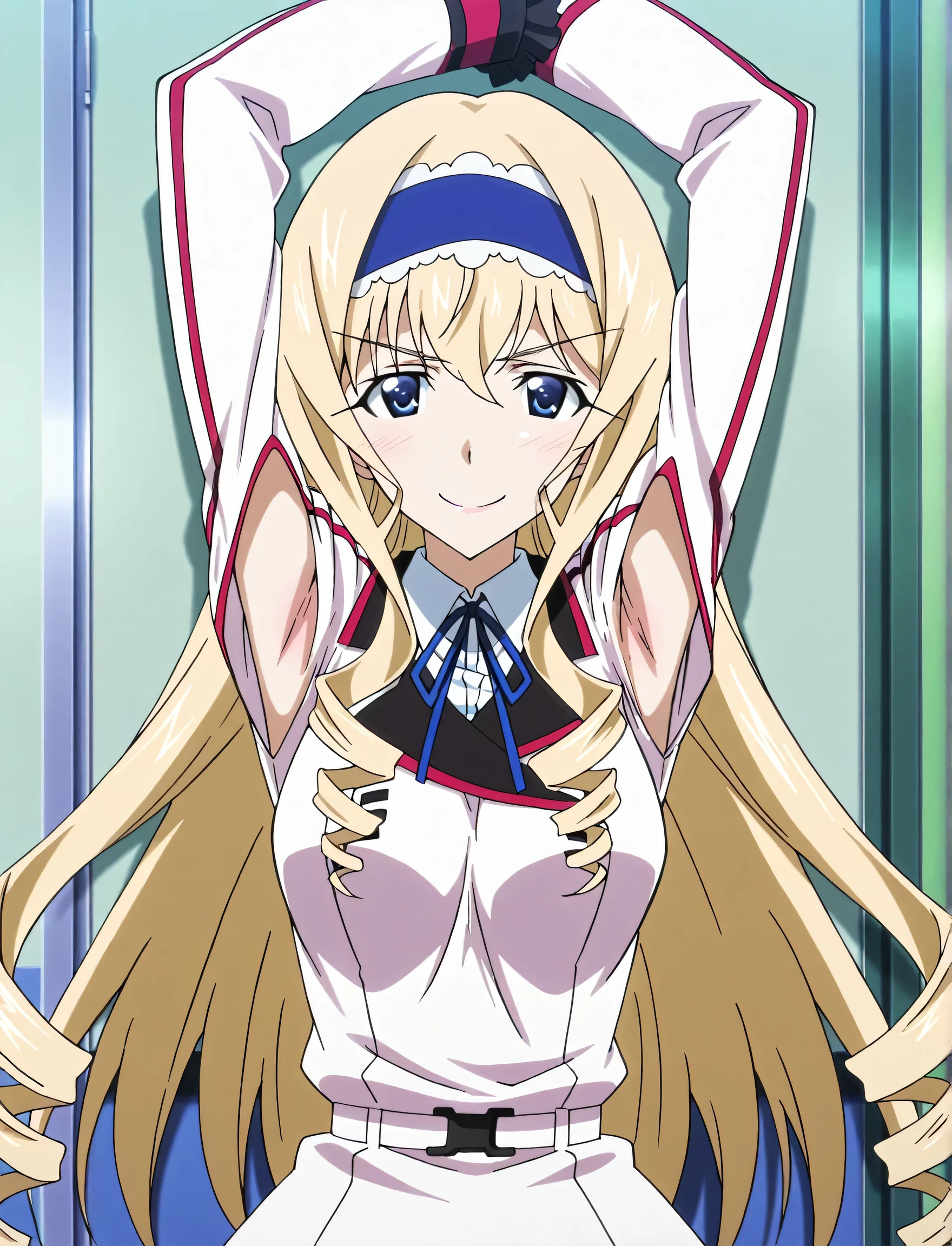 masterpiece, best quality, amazing quality, anime screencap, anime coloring, 1girl, solo, cecilia alcott, blonde hair, long hair, drill hair, blue eyes, medium breasts, infinite stratos academy school uniform, blue hairband, frilled hairband, white dress, long dress, white shirt, collared shirt, long sleeves, neck ribbon, blue ribbon, white belt, armpit cutouts, exposed armpits, arms up, raised arms, armpits, armpits focus, head towards viewer, looking at viewer, smile, confident, closed mouth, indoors, academy, against the wall 
