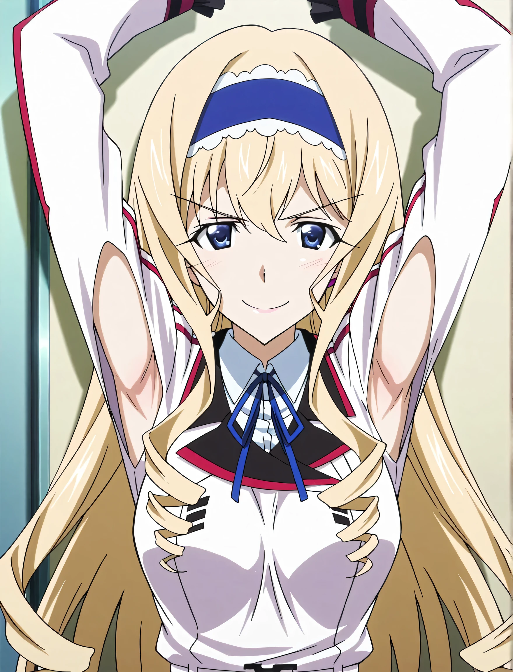 masterpiece, best quality, amazing quality, anime screencap, anime coloring, 1girl, solo, cecilia alcott, blonde hair, long hair, drill hair, blue eyes, medium breasts, infinite stratos academy school uniform, blue hairband, frilled hairband, white dress, long dress, white shirt, collared shirt, long sleeves, neck ribbon, blue ribbon, white belt, armpit cutouts, exposed armpits, arms up, raised arms, armpits, armpits focus, head towards viewer, looking at viewer, smile, confident, closed mouth, indoors, academy, against the wall