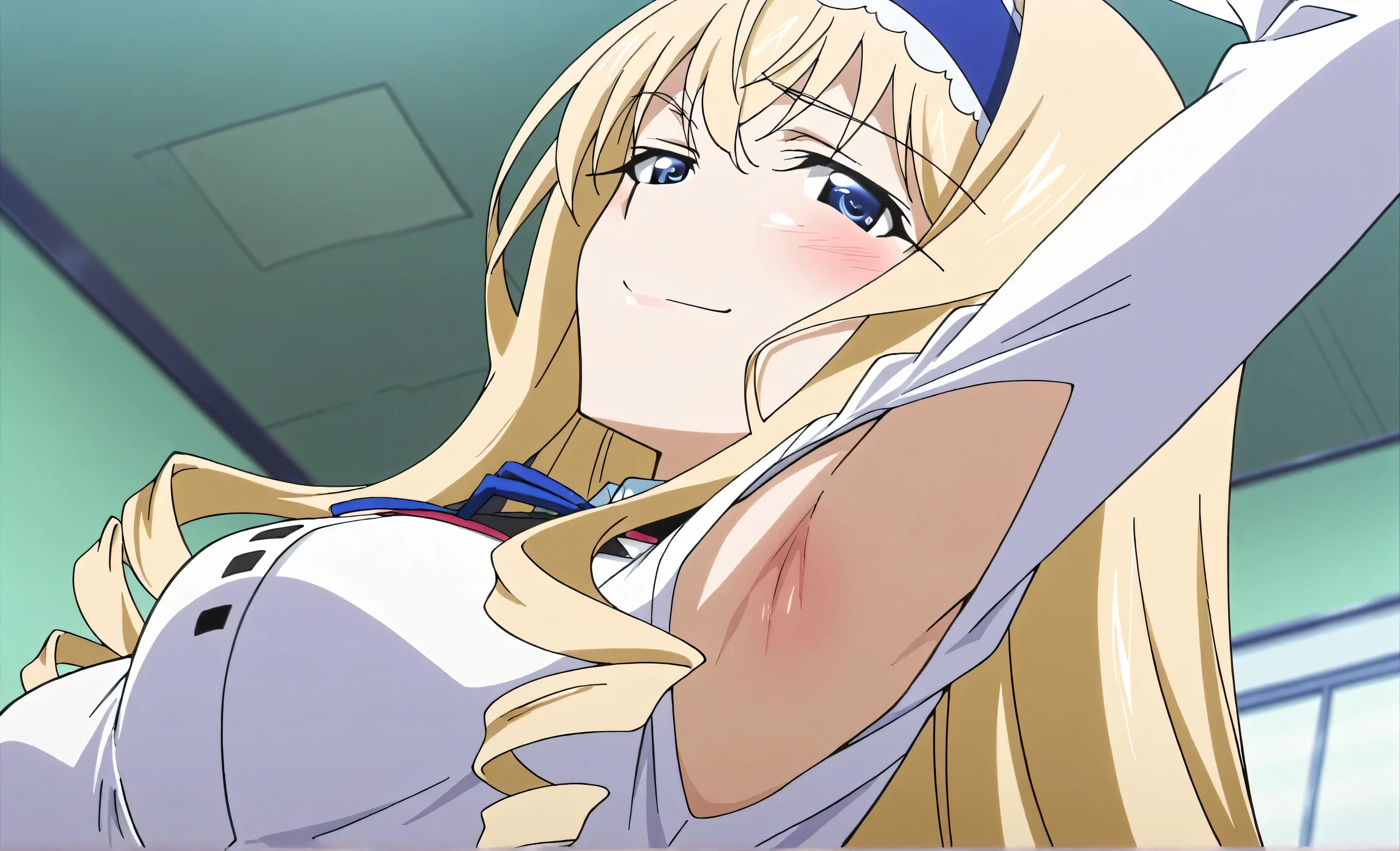 masterpiece, best quality, amazing quality, anime screencap, anime coloring, 1girl, solo, cecilia alcott, blonde hair, long hair, drill hair, blue eyes, medium breasts, infinite stratos academy school uniform, blue hairband, frilled hairband, white dress, white shirt, collared shirt, long sleeves, neck ribbon, blue ribbon, armpit cutout, exposed armpit, arm up, raised arm, armpit, armpit focus, head towards viewer, looking at viewer, seductive smile, smug, half-closed eyes, blush, confident, closed mouth, indoors, academy, from side, from below, armpit up close, close-up of armpit