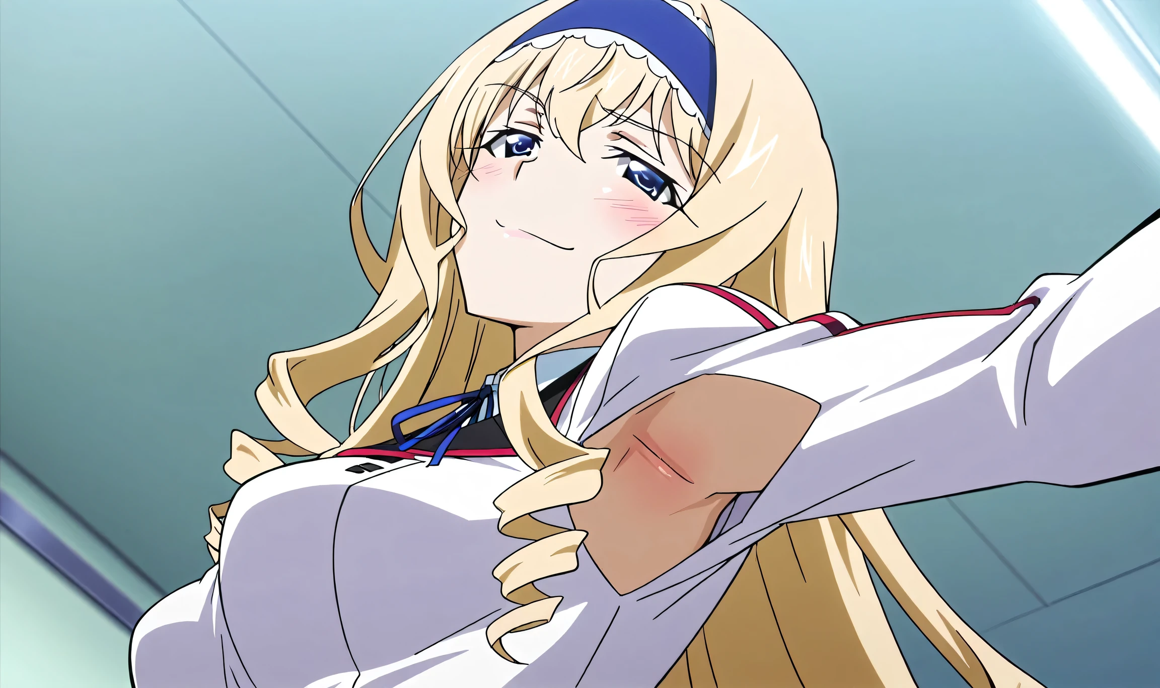 masterpiece, best quality, amazing quality, anime screencap, anime coloring, 1girl, solo, cecilia alcott, blonde hair, long hair, drill hair, blue eyes, medium breasts, infinite stratos academy school uniform, blue hairband, frilled hairband, white dress, white shirt, collared shirt, long sleeves, neck ribbon, blue ribbon, armpit cutout, exposed armpit, armpit, armpit focus, head towards viewer, looking at viewer, smile, smug, half-closed eyes, blush, confident, closed mouth, indoors, academy, from side, from below