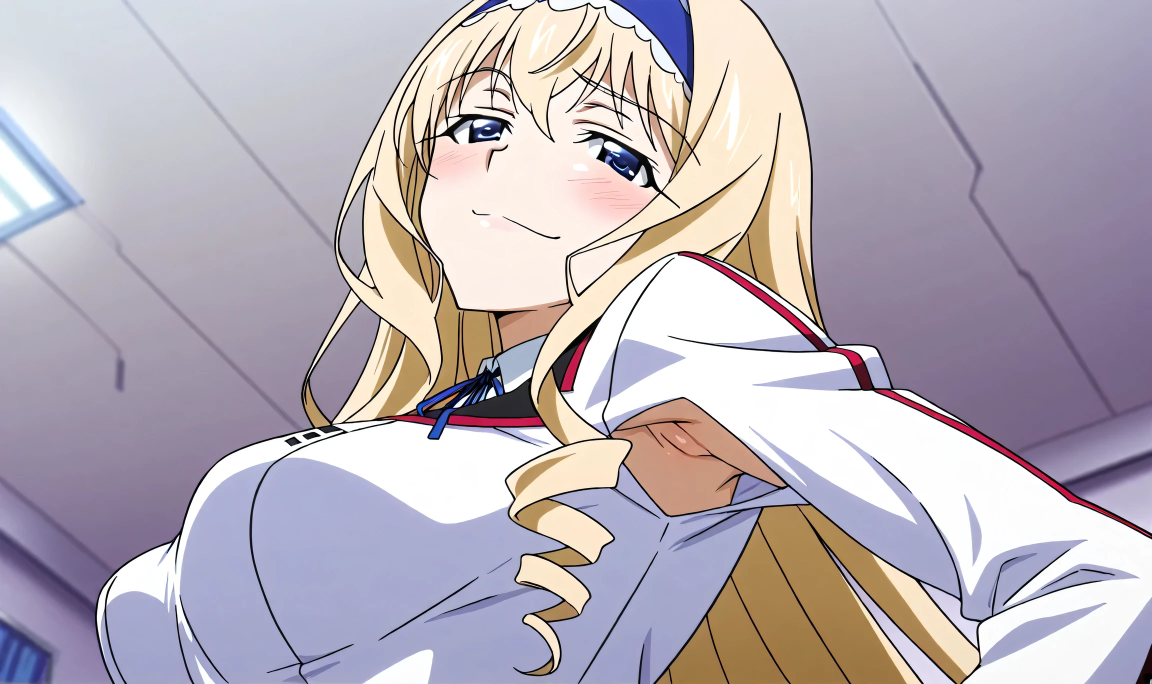 masterpiece, best quality, amazing quality, anime screencap, anime coloring, 1girl, solo, cecilia alcott, blonde hair, long hair, drill hair, blue eyes, medium breasts, infinite stratos academy school uniform, blue hairband, frilled hairband, white dress, white shirt, collared shirt, long sleeves, neck ribbon, blue ribbon, armpit cutout, exposed armpit, armpit, armpit focus, head towards viewer, looking at viewer, smile, smug, half-closed eyes, blush, confident, closed mouth, indoors, academy, from side, from below