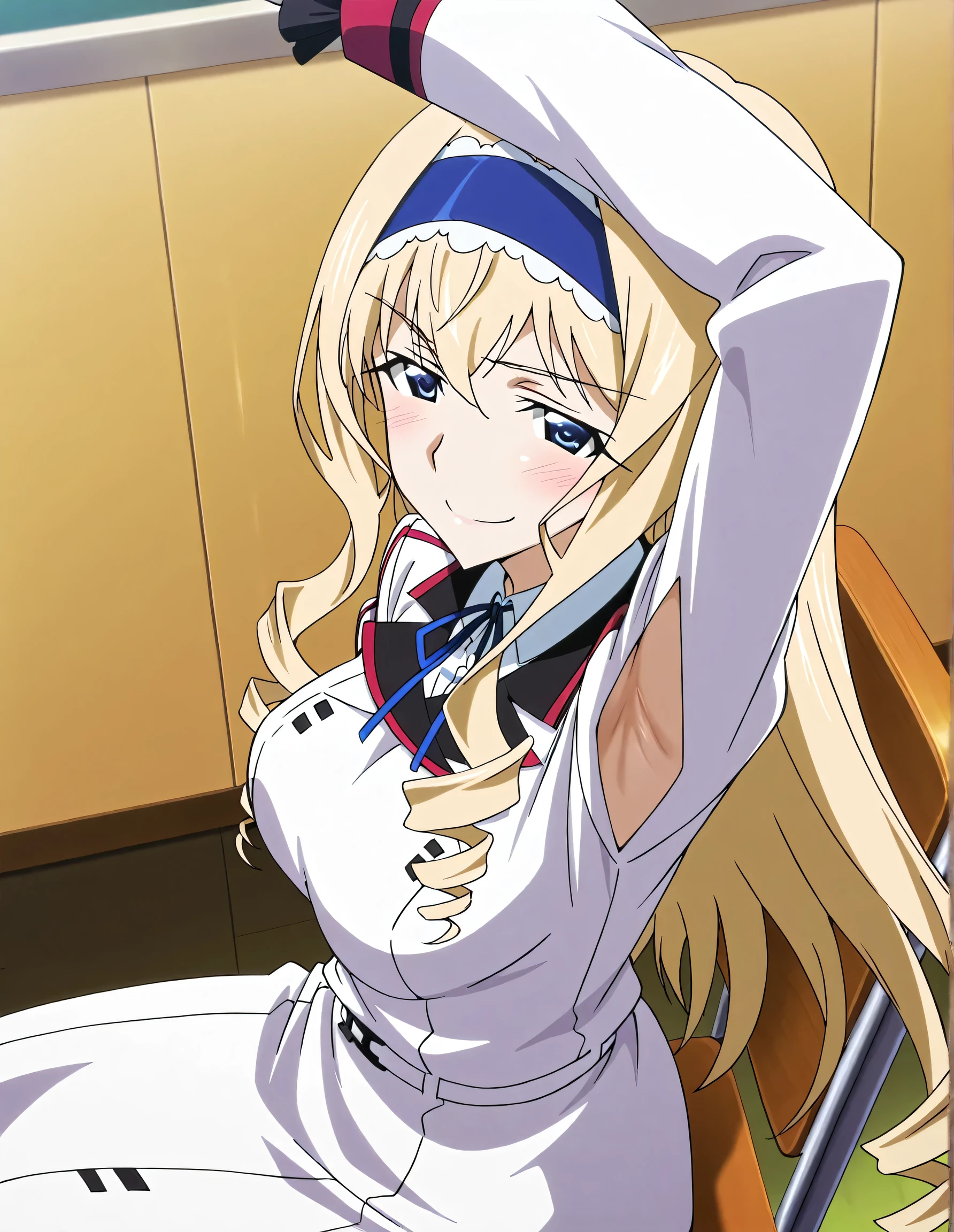 masterpiece, best quality, amazing quality, anime screencap, anime coloring, 1girl, solo, cecilia alcott, blonde hair, long hair, drill hair, blue eyes, medium breasts, infinite stratos academy school uniform, blue hairband, frilled hairband, white dress, white shirt, collared shirt, long sleeves, neck ribbon, blue ribbon, armpit cutout, exposed armpit, arm on own head, armpit, armpit focus, head towards viewer, looking at viewer, smile, smug, half-closed eyes, blush, confident, closed mouth, indoors, academy, from side, from above, sitting on a chair, white belt, long dress