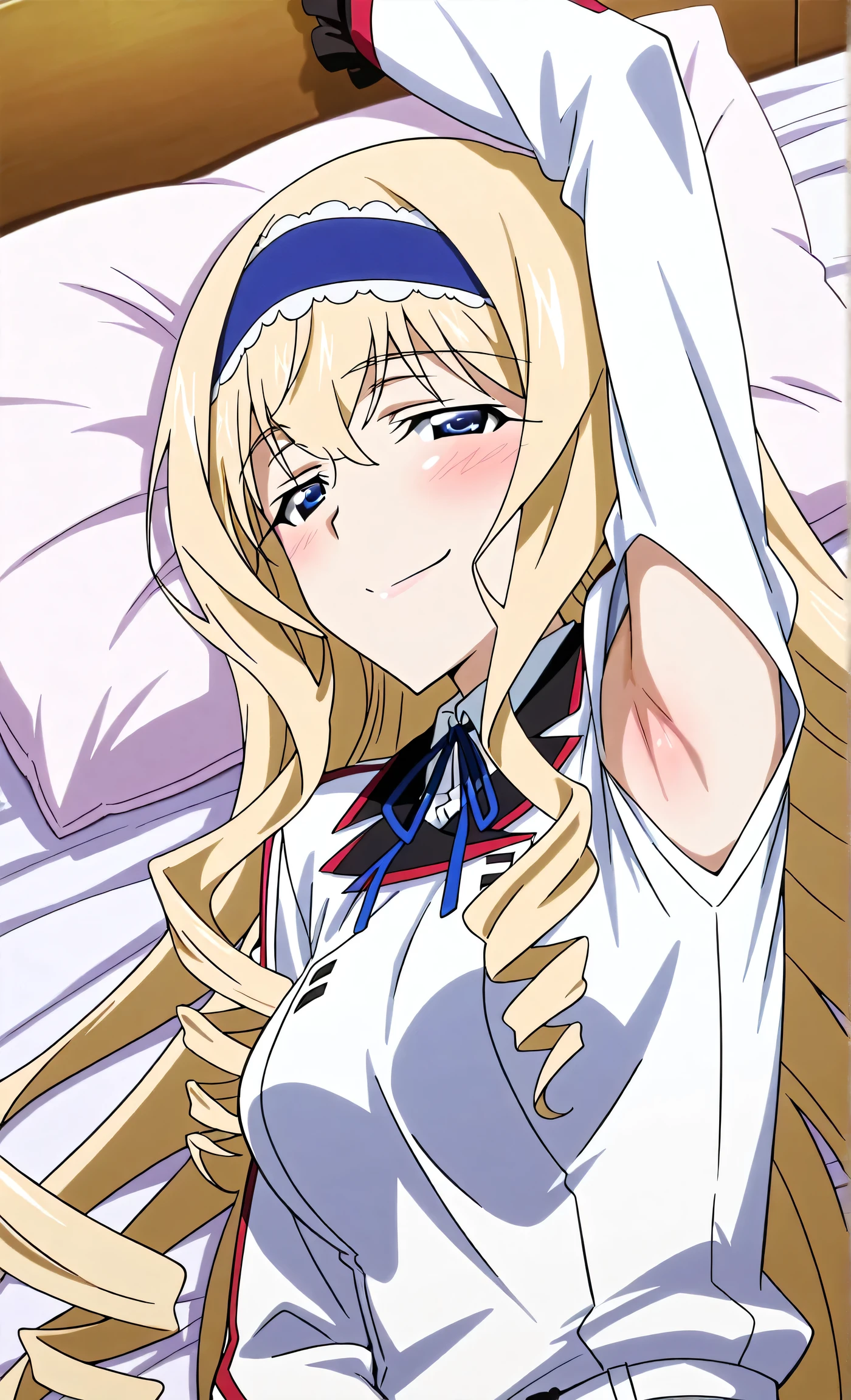 masterpiece, best quality, amazing quality, anime screencap, anime coloring, 1girl, solo, cecilia alcott, blonde hair, long hair, drill hair, blue eyes, medium breasts, infinite stratos academy school uniform, blue hairband, frilled hairband, white dress, white shirt, collared shirt, long sleeves, neck ribbon, blue ribbon, armpit cutout, exposed armpit, arm up, raised arm, armpit, armpit focus, head towards viewer, looking at viewer, smile, smug, half-closed eyes, blush, confident, closed mouth, lying in bed, lying on side, from above, pillow