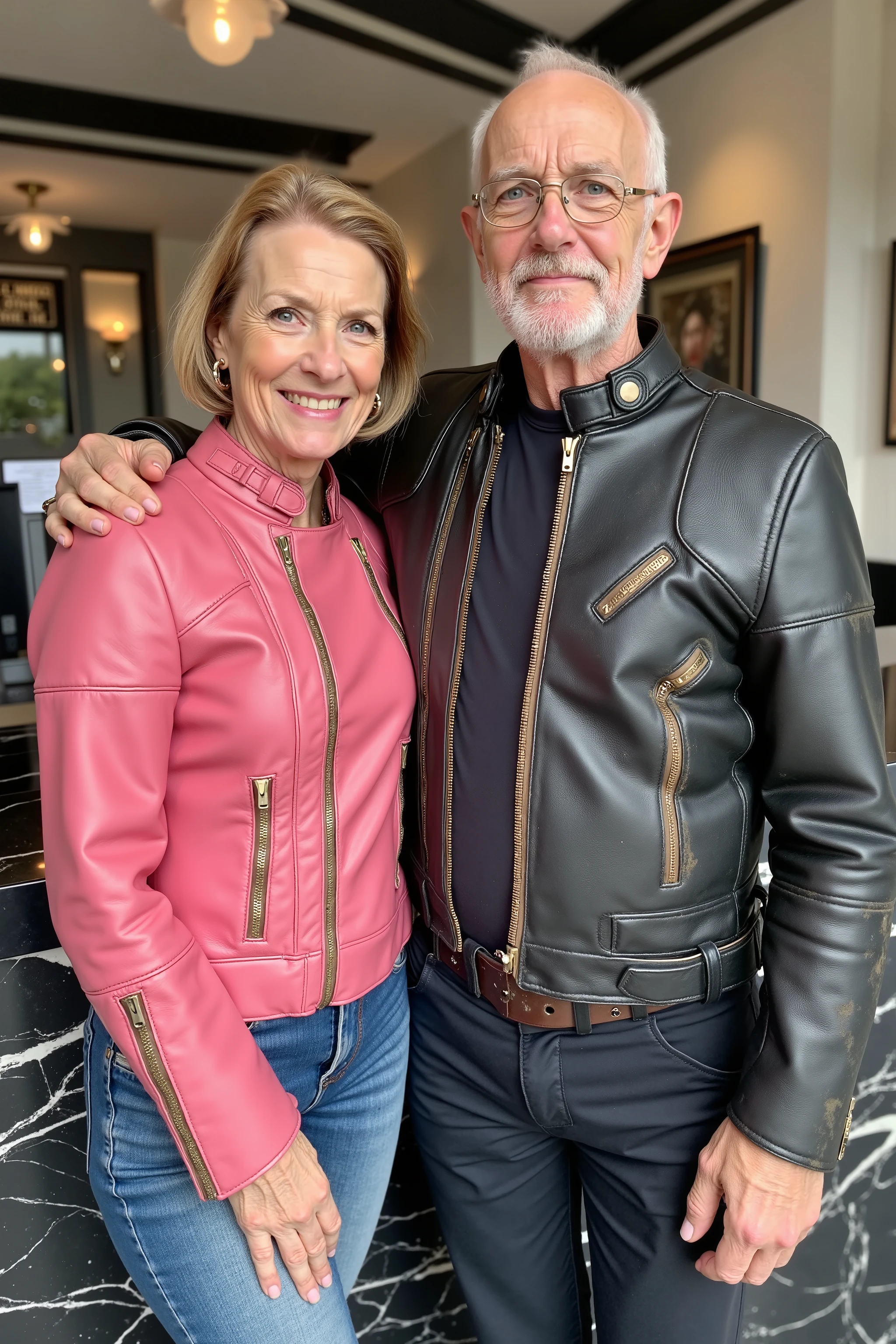 a 58 year old woman thin and frail body, with a 74 year old man large muscular body, they both wear cafe racer jkt from the 1970s, the woman’s jacket is tight fitting pink and polished leather, the mans jacket is black dark leather with heavy staining and wear due to age, they are standing together at the main lobby desk of a high end restaurant serving sushi, the main counter has two registers and a black marble design