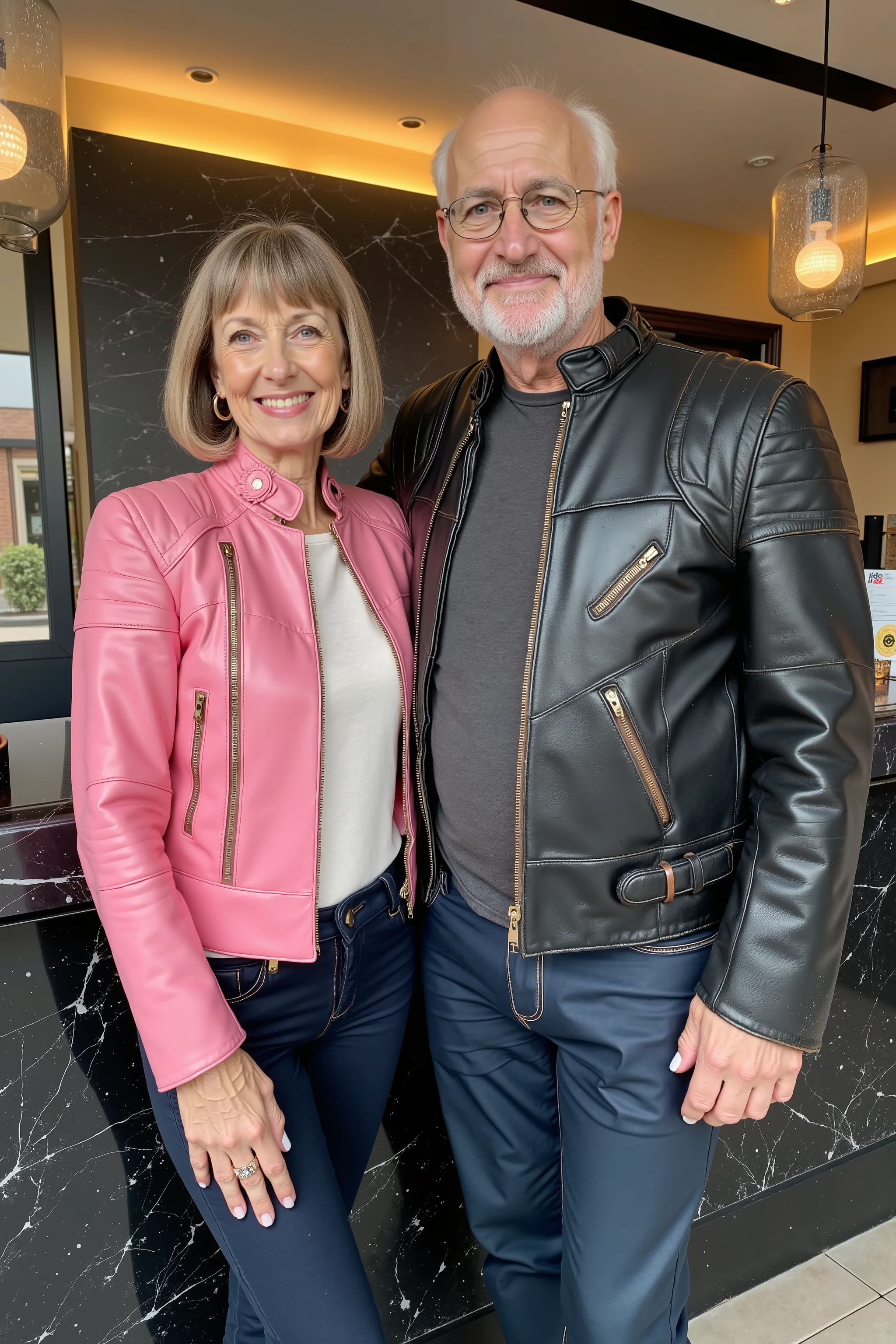 a 58 year old woman thin and frail body, with a 74 year old man large muscular body, they both wear cafe racer jkt from the 1970s, the woman’s jacket is tight fitting pink and polished leather, the mans jacket is black dark leather with heavy staining and wear due to age, they are standing together at the main lobby desk of a high end restaurant serving sushi, the main counter has two registers and a black marble design