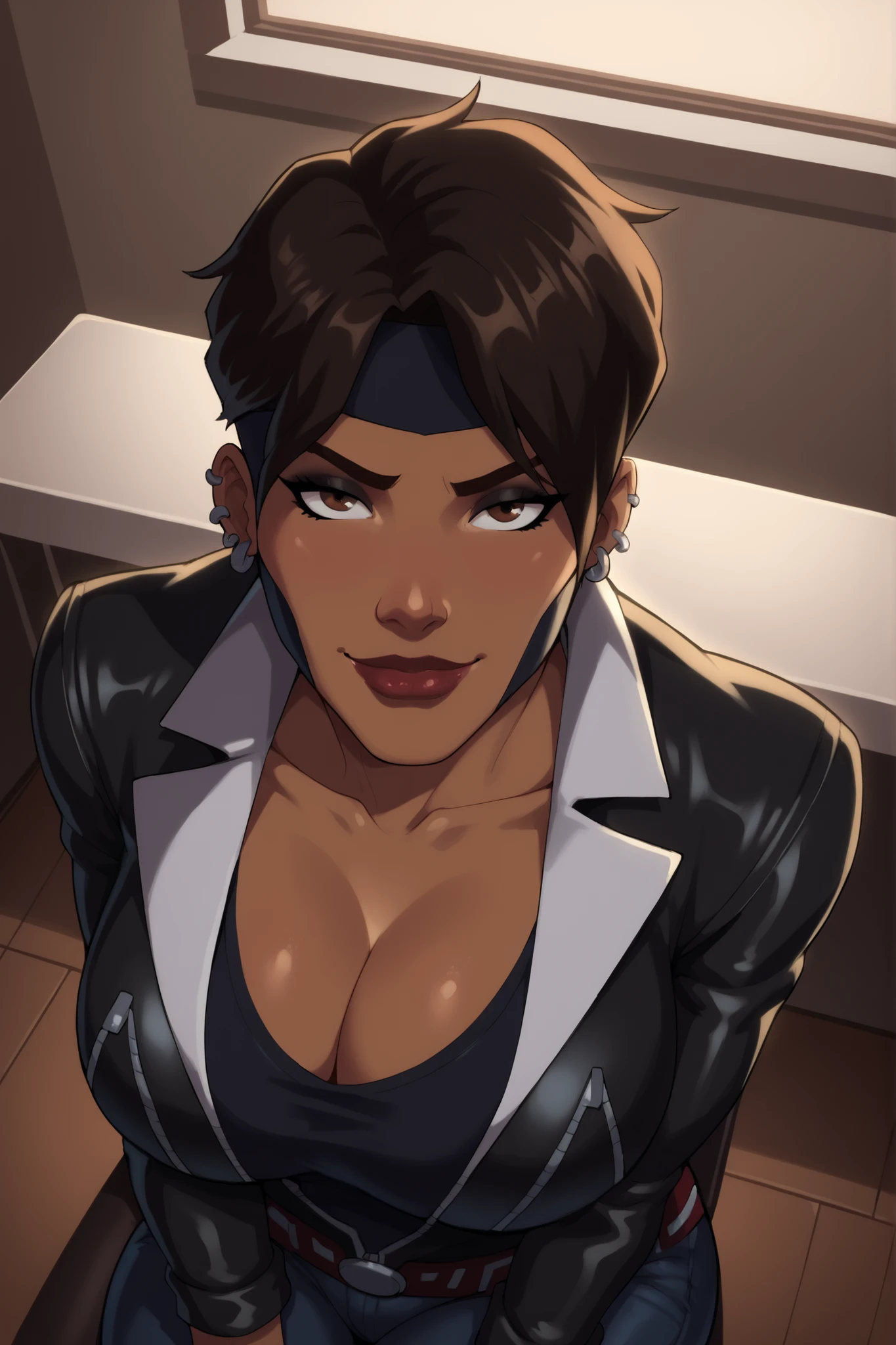 BREAK, score_6_up, score_9, score_8_up, score_7_up, high quality, masterpiece, Rocket, 1girl, solo, 2d, dark-skinned female, short hair, brown eyes, headband, piercing, earring, mask, lipstick, makeup, , cleavage, curvy, athletic, looking at viewer, seducing viewer, teasing viewer, smile, closed mouth, expression, bedroom eyes, busty, long sleeves, black leather jacket, black crop top, black jeans, sitting in chair, bedroom, indoors, high-angle view, black eyeshadow, closeup, portrait, upper body