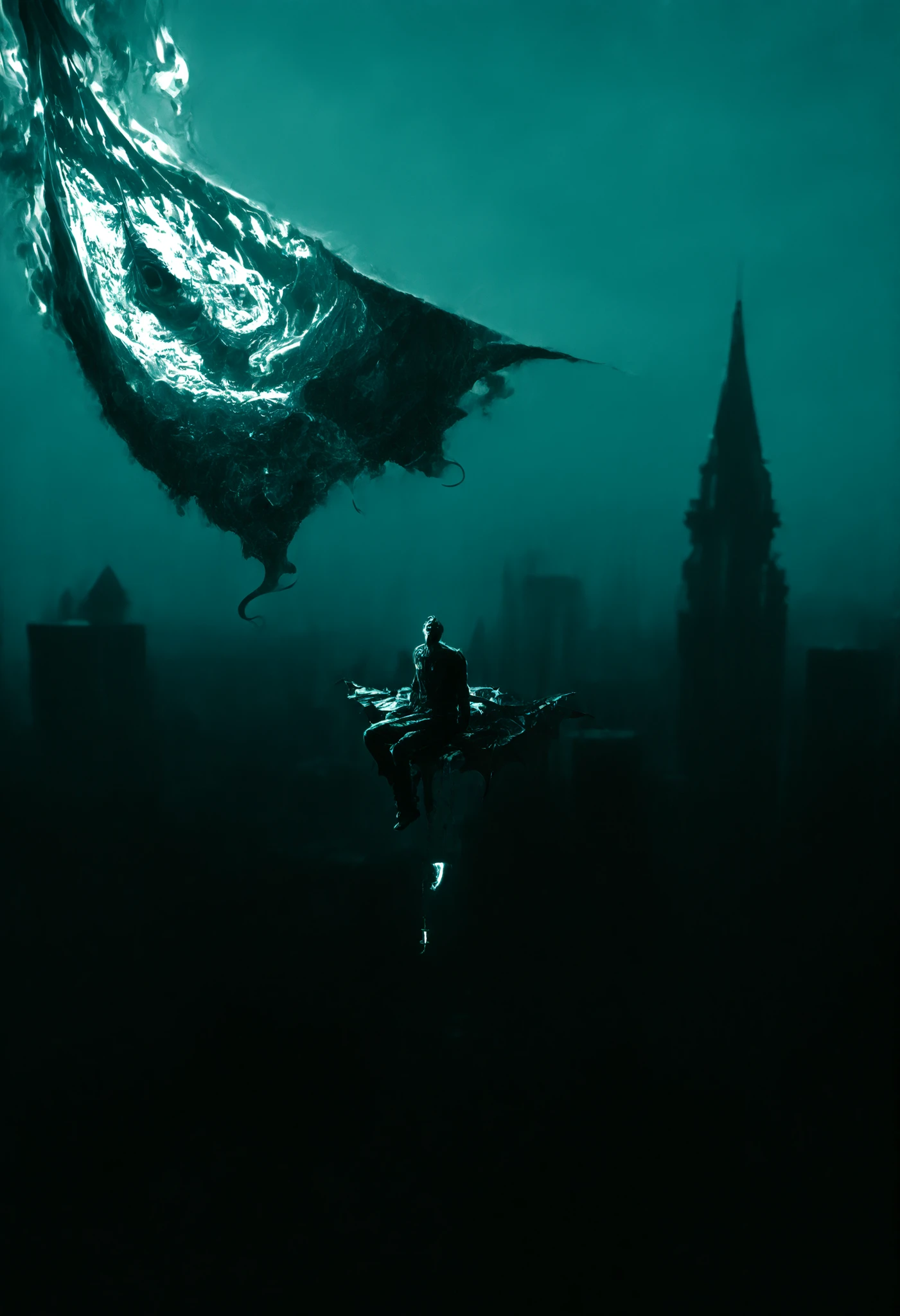 ((devil)),buildings,Sitting cross-legged,bat wings,Cola de devil, looking at the sky,((gap en el cielo)),((gap)) Floating,photo from above,beautiful and detailed face,Kutuku in the background,Lofcraft beast on the horizon